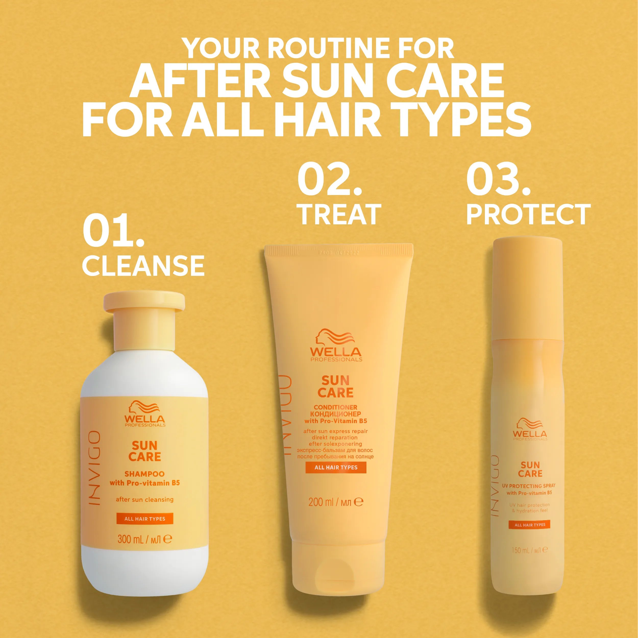 Text saying 'Your routine for after sun care for all hair types'. Packshots of the 3 Invigo sun products are included in 3 steps: step 1 - cleanse. Step 2 - Treat. Step 3 - protect.