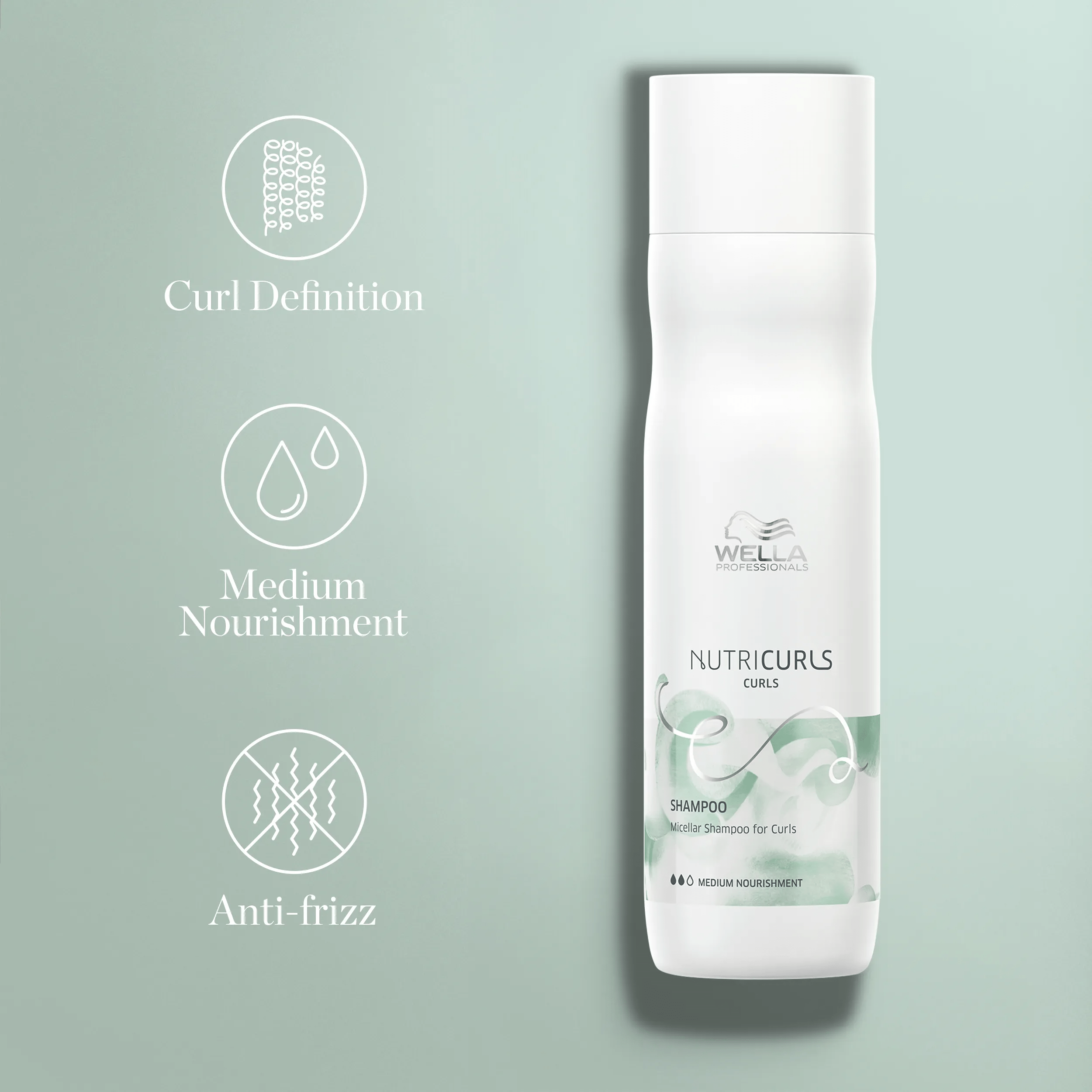 Wella NutriCurls Shampoo with Curl Definition, Medium Nourishment, and Anti-frizz icons.