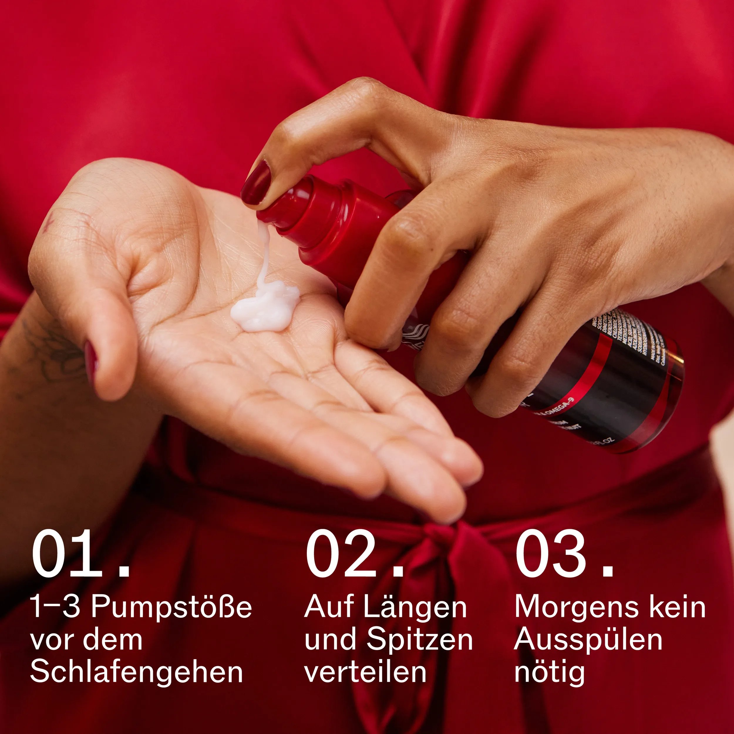 Close-up of a person wearing a red robe dispensing white hair product into their palm from a red bottle. Text on the image gives three steps: 1) 1–3 pumps before bedtime, 2) distribute through lengths and ends, 3) no rinsing required in the morning