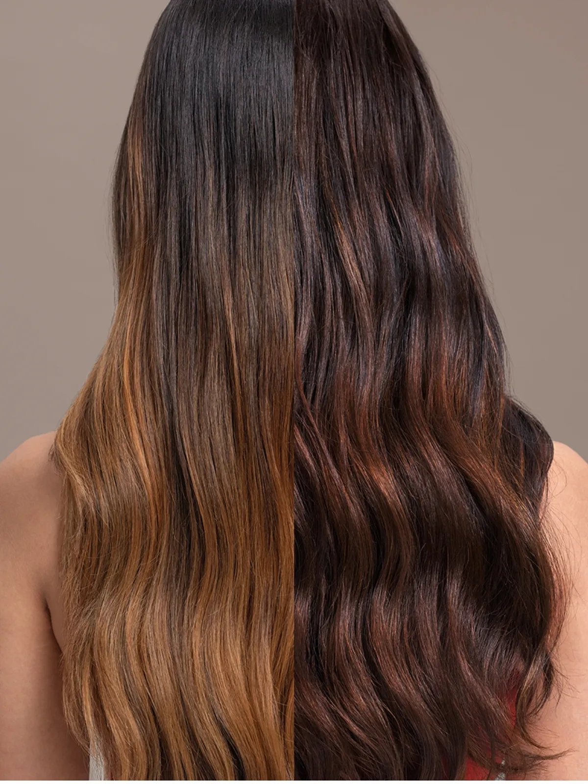 Before and after showing orange tones through brunette hair cooled down after Color Fresh Mask.
