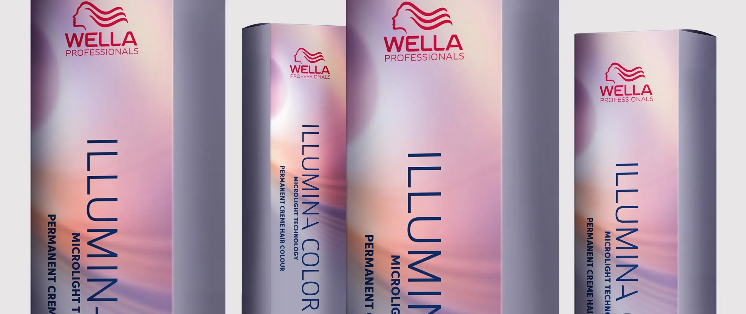 Image shows several Wella Illumina Color boxes with a pink, purple, and light gray color scheme.