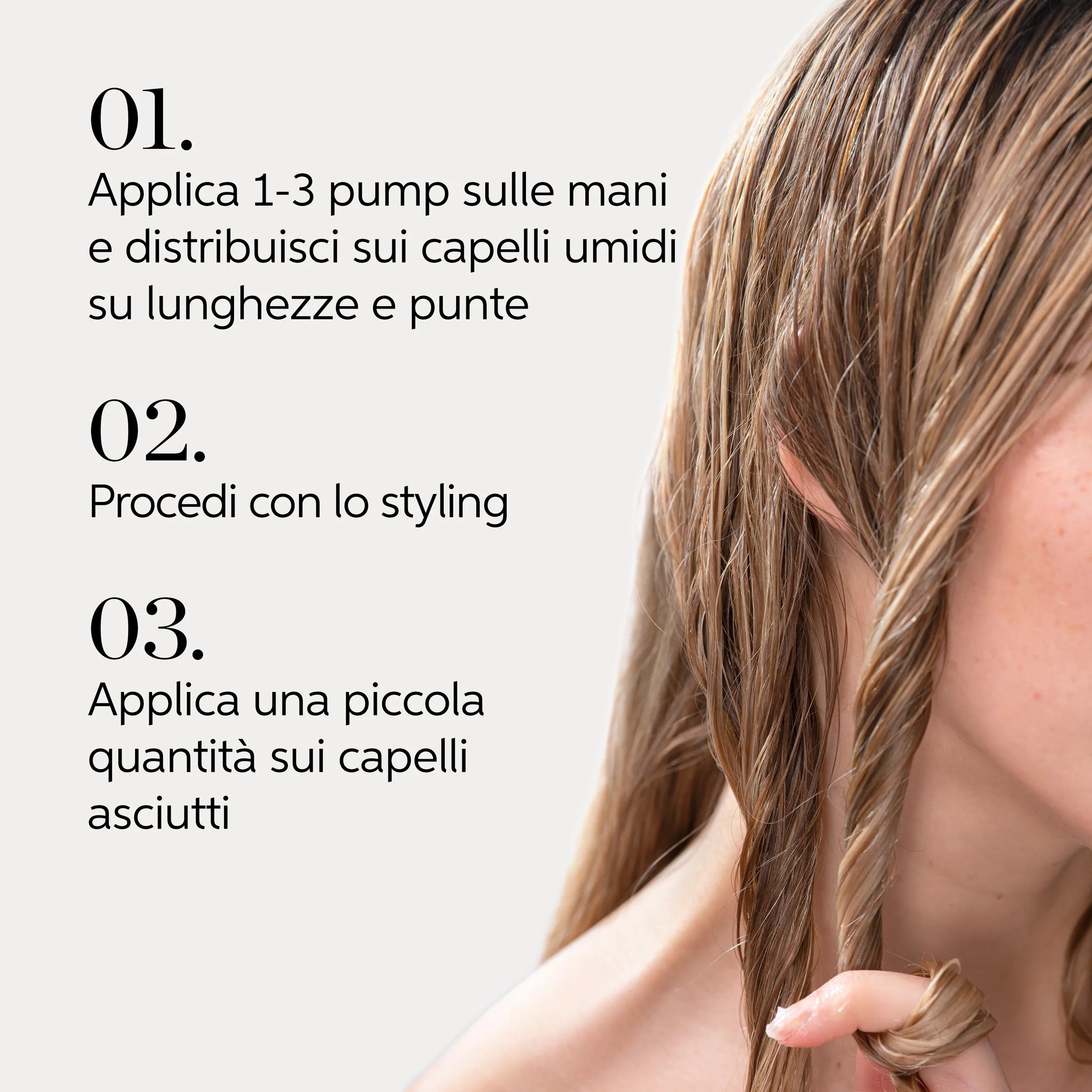 Donna che utilizza Wella Professionals Oil Reflections Luminous Reflective Oil, con le istruzioni per l'uso. Il testo dice: Applicare 1-3 dosi sulla mano e distribuire su lunghezze e punte su capelli tamponati, procedere con lo styling, aggiungere un po' di prodotto sui capelli asciutti.