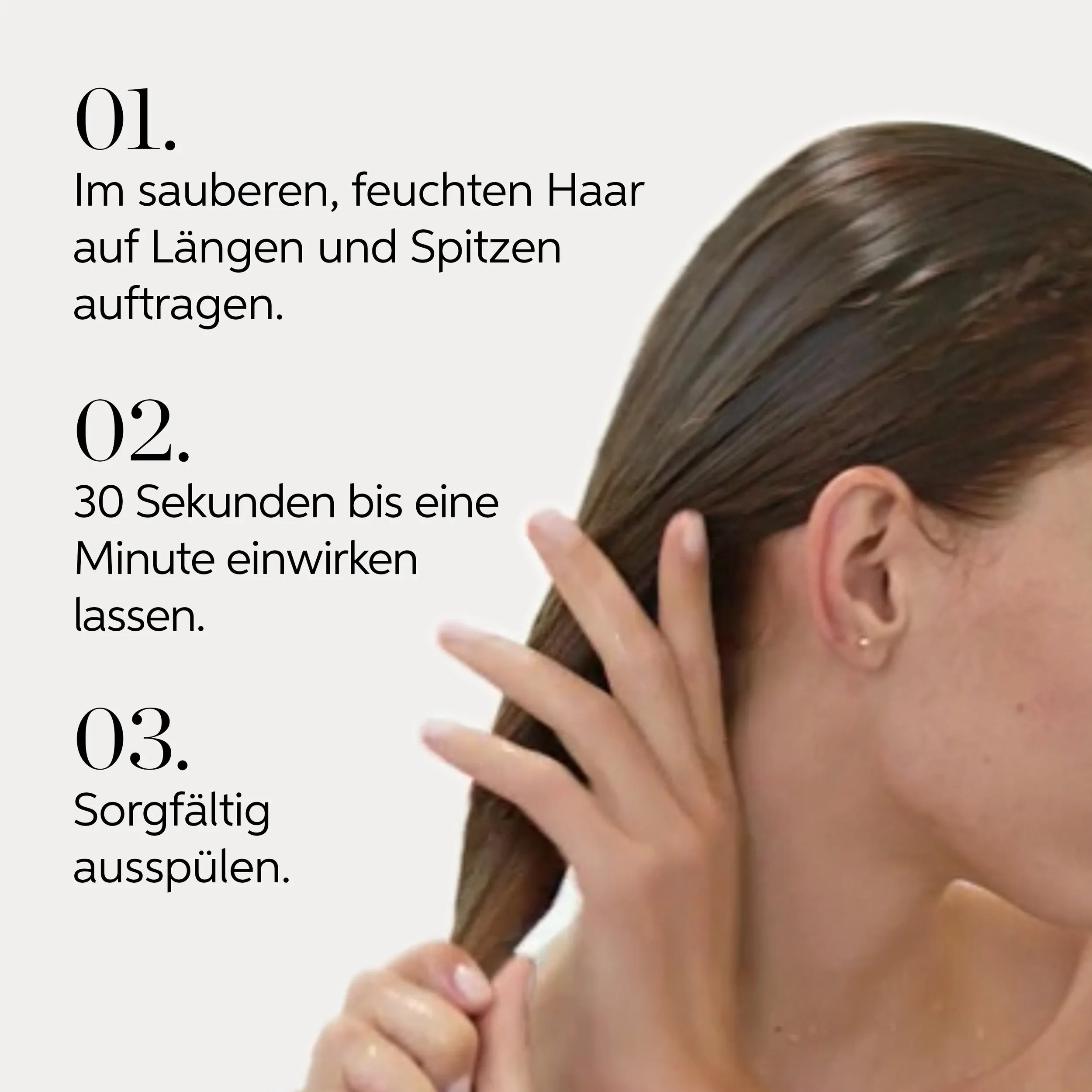 Image displaying a woman washing her hair with numbered instructions: apply to wet hair, massage and lather, rinse and repeat.