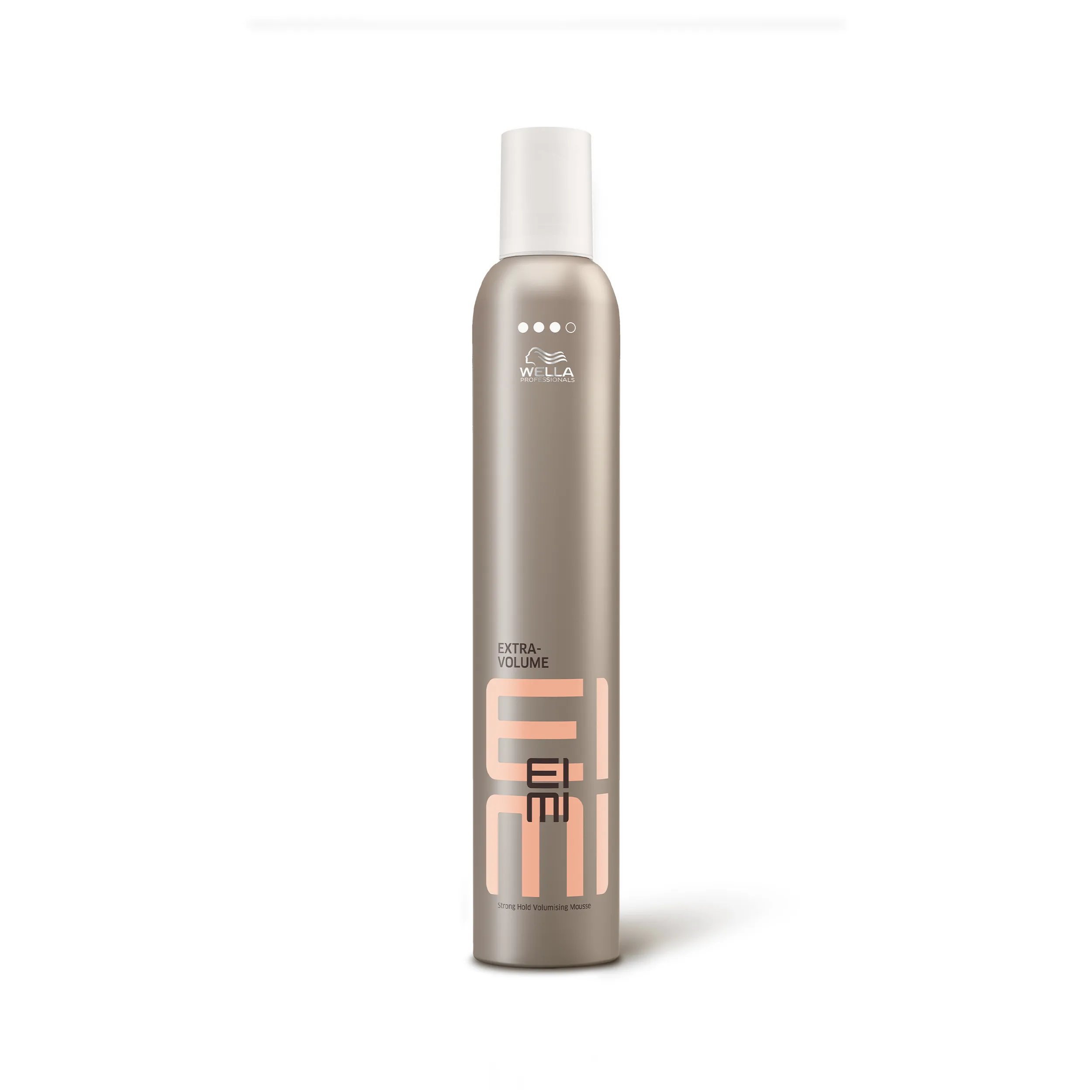 Wella EIMI Extra Volume volumizing mousse packshot - a pewter bottle with a white lid and pink EIMI logo.