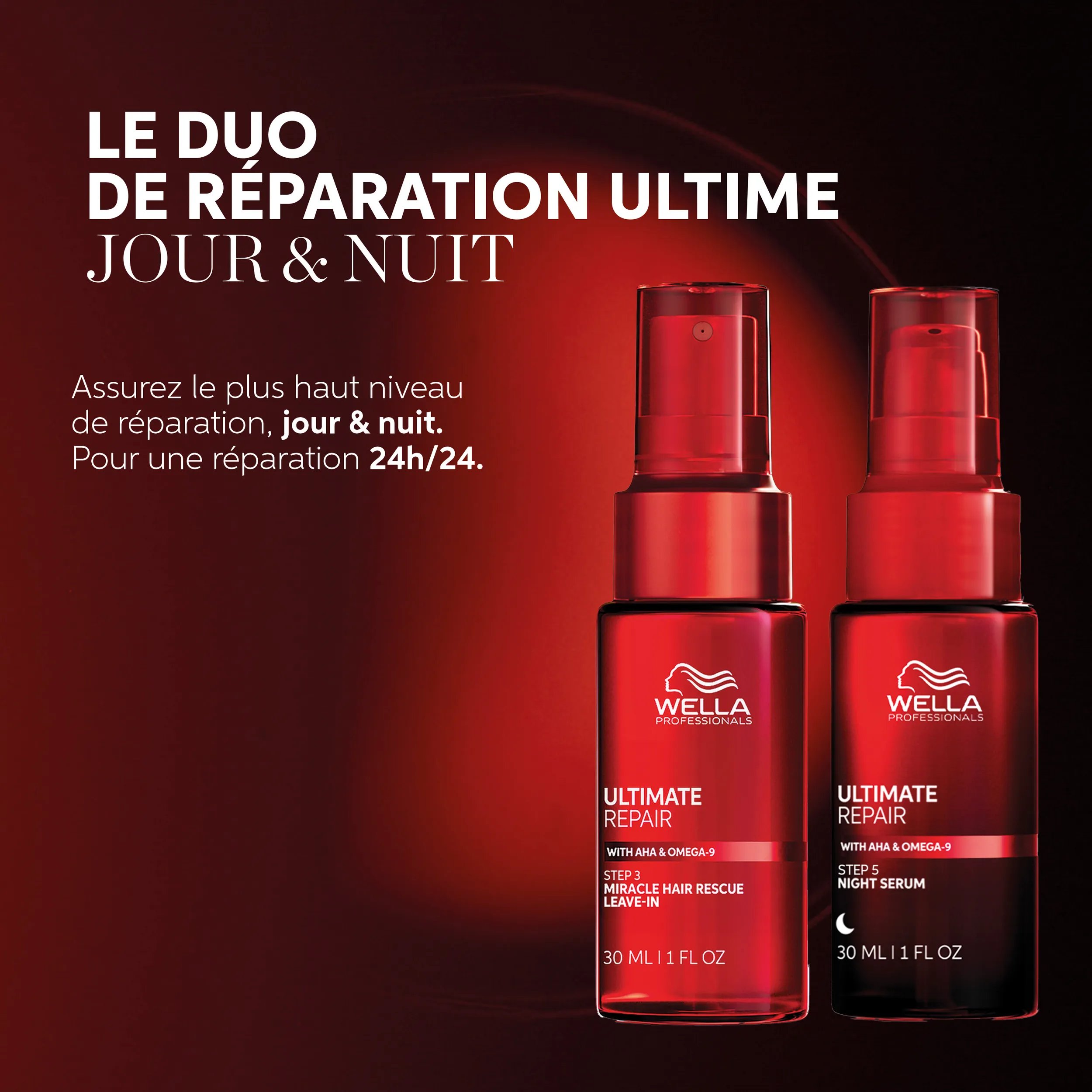 Packshot de Wella Ultimate Repair Leave-in et Night Serum. Le texte se lit comme suit : formulé sans colorants artificiels ni phtalates, sans danger pour les couleurs.