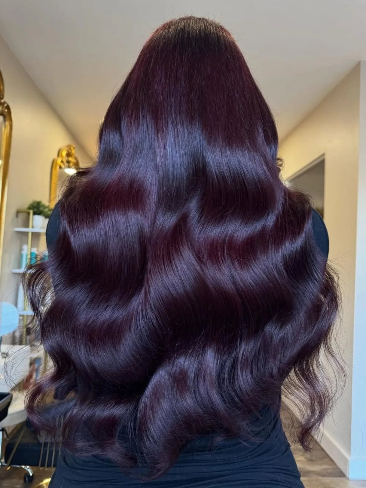 Back view of long, glossy dark burgundy hair styled in smooth, voluminous waves. Rich wine-red and violet tones create depth and dimension throughout the hair, with a high-shine finish that reflects the light. The image is taken indoors in a salon setting, highlighting the color blend, healthy texture, and flowing wave pattern.