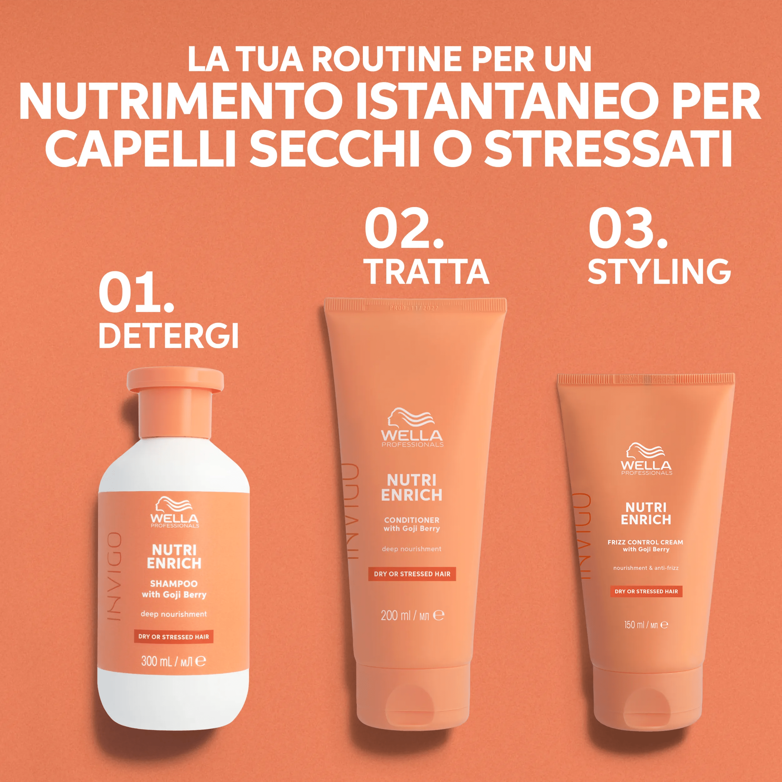 Testo che dice 'Capelli secchi o stressati? Trova il finish perfetto', con due scatti di prodotto - uno è Wonder Balm per avere morbidezza e gestibilità, il secondo è Frizz Control Cream per stirare e controllare i ricci.