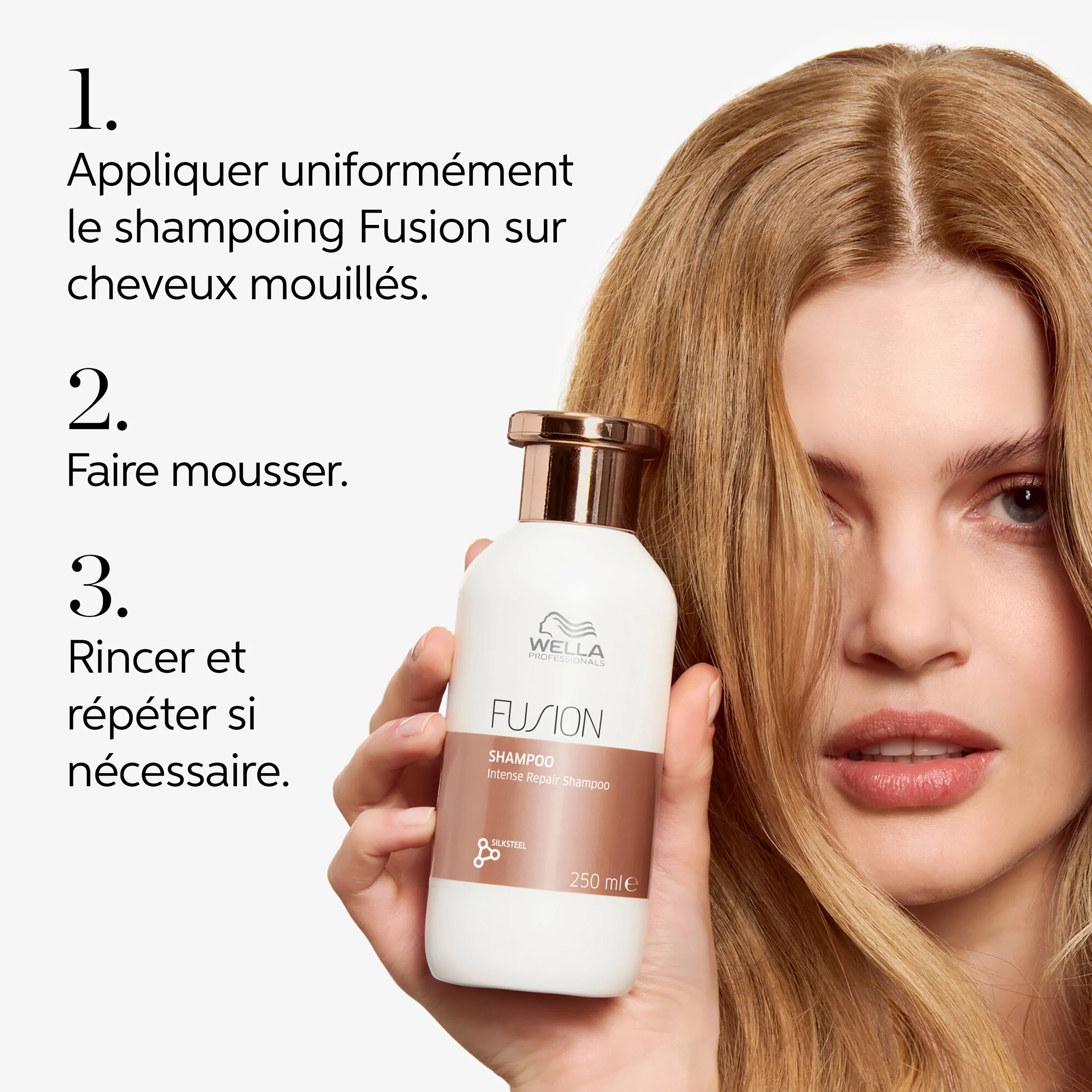 Texte détaillant l'utilisation du Shampoing Fusion Réparation Intense en 3 étapes : le texte indique "01, appliquer sur les cheveux mouillés et répartir uniformément sur le cuir chevelu. 02, masser et faire mousser. 03, rincer et répéter si nécessaire", à côté d'une photo d'un mannequin faisant mousser le produit sur des cheveux bruns.