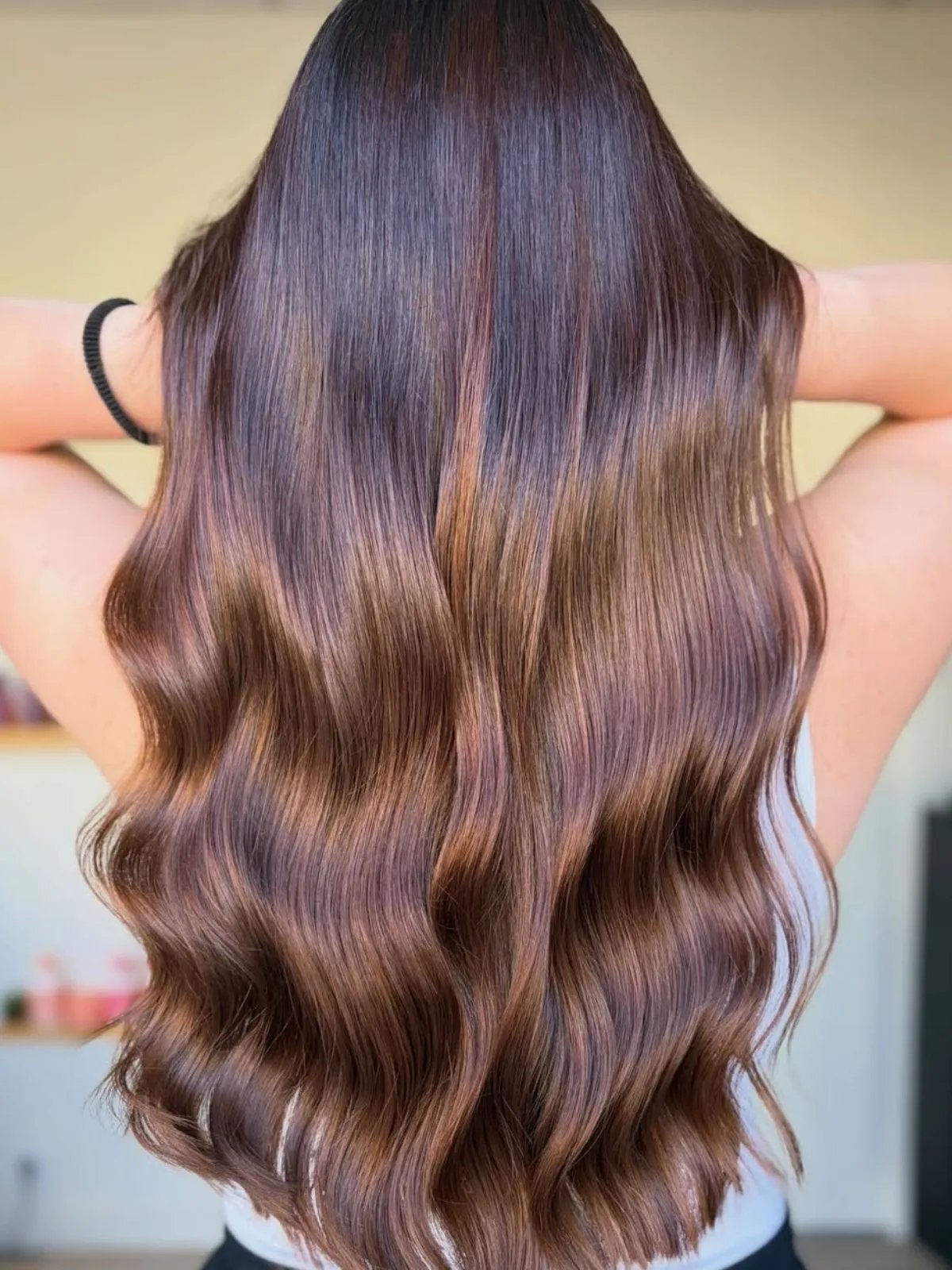 Back of model’s head with long, medium brown hair featuring subtle auburn tones through the mid-lengths