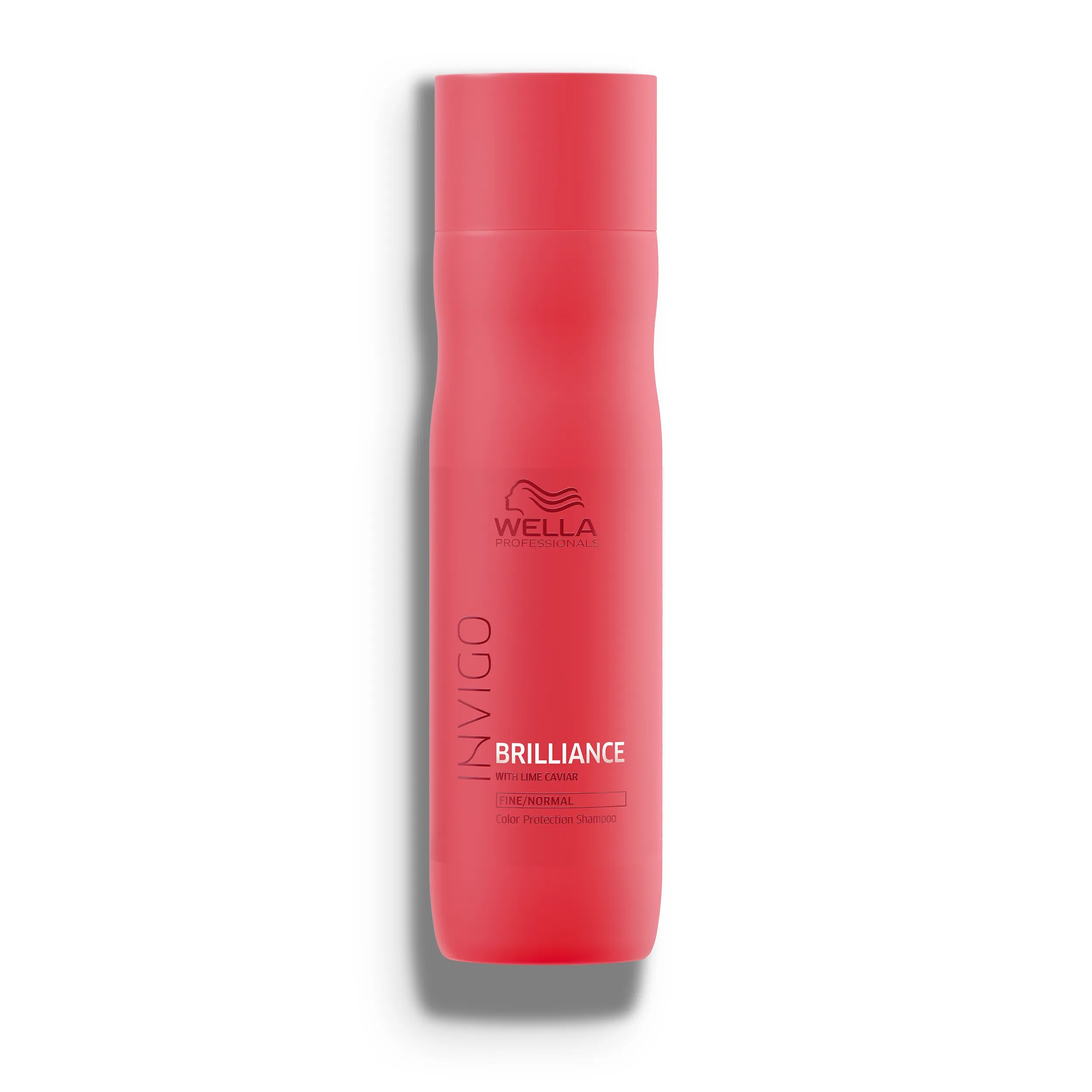 Packshot of Wella Professionals Invigo Brilliance Vibrant Color Shampoo for fine/normal hair - a red bottle with white font and a darker red Wella logo.