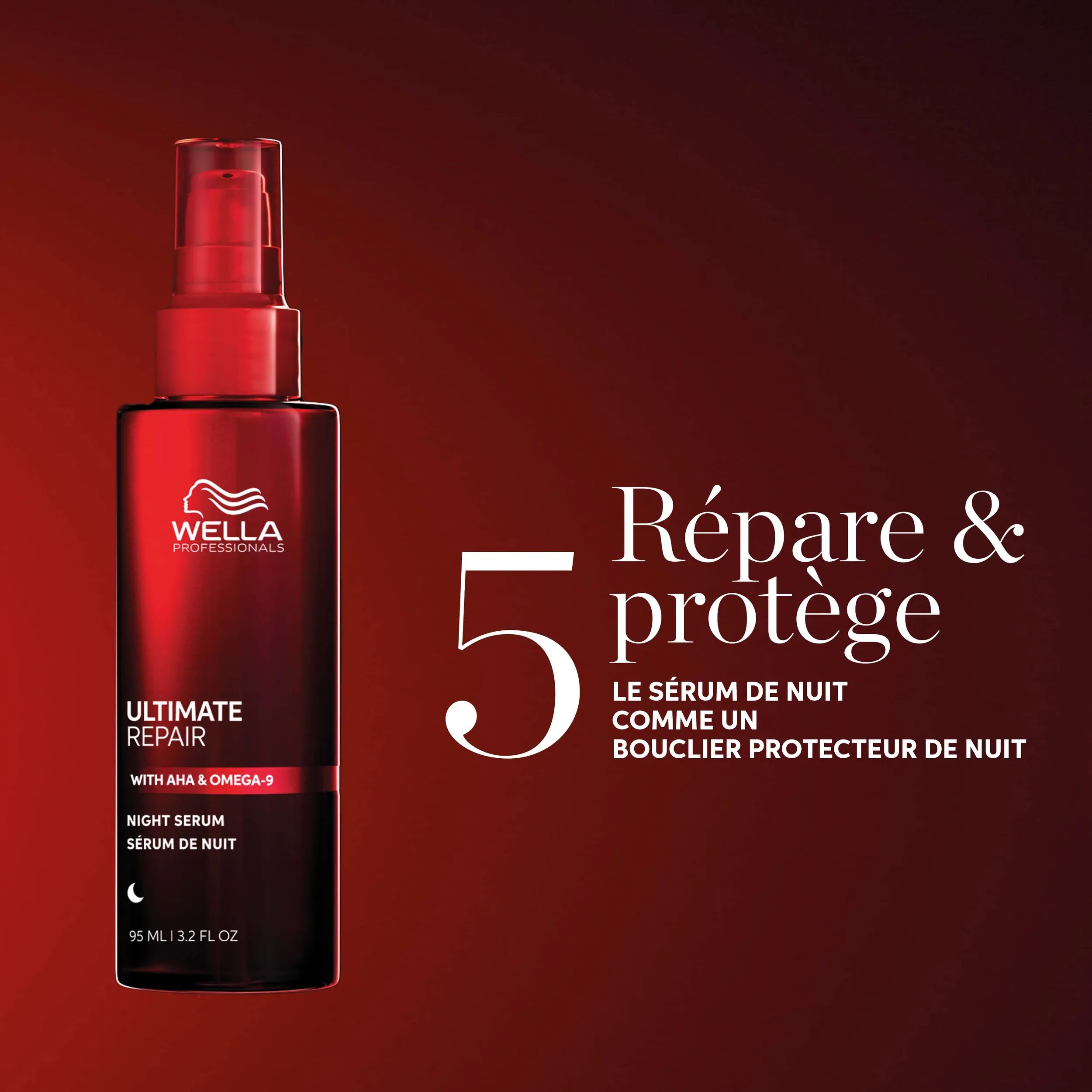 Packshot du sérum de nuit Ultimate Repair. Le texte indique qu'il s'agit d'un produit sans danger pour les couleurs, formulé sans ingrédients d'origine animale.