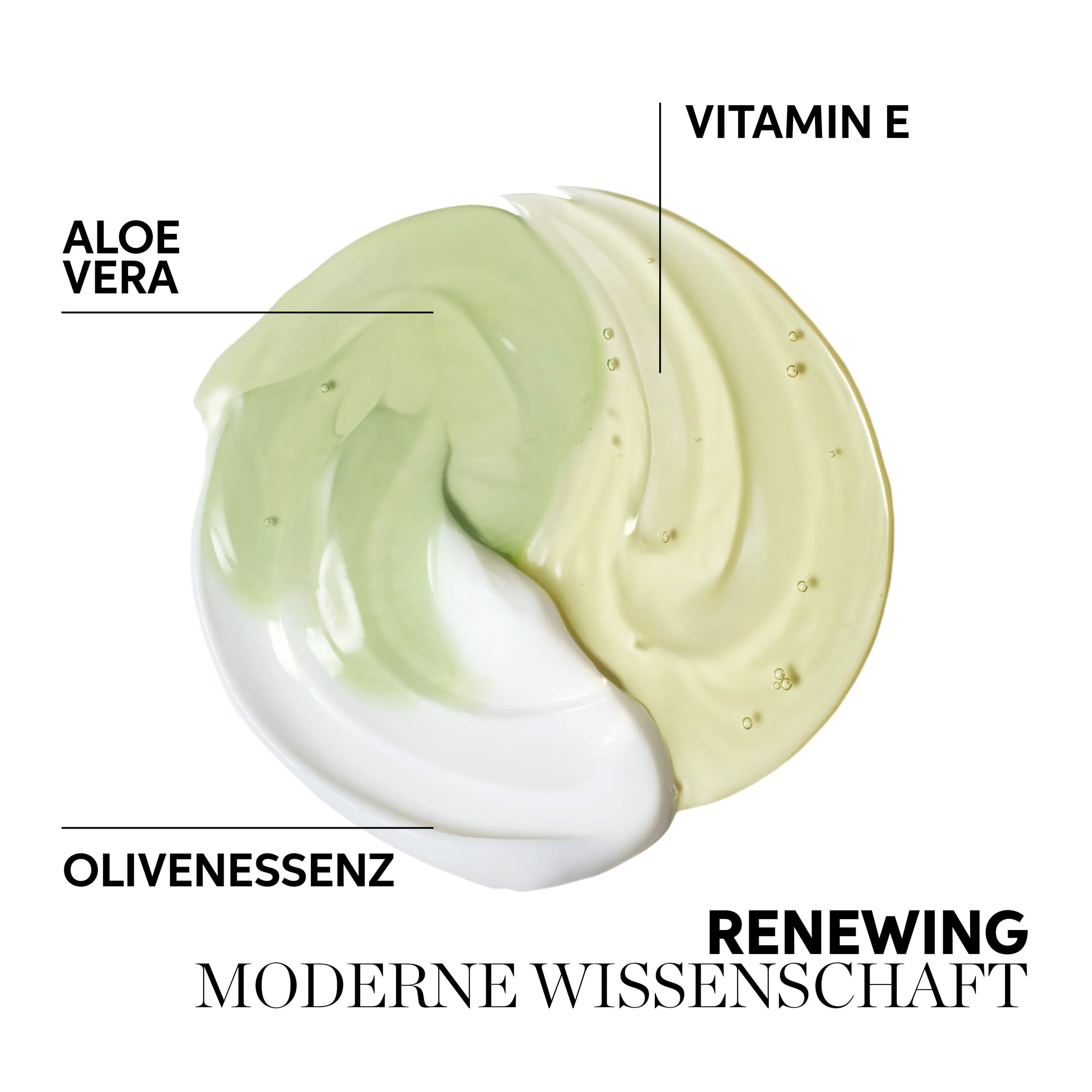 A creamy swirl of two hair product textures—one white and one peach—on a white background. Text annotations highlight the product's features: Aloe Vera, Vitamin E, Olivenessenz