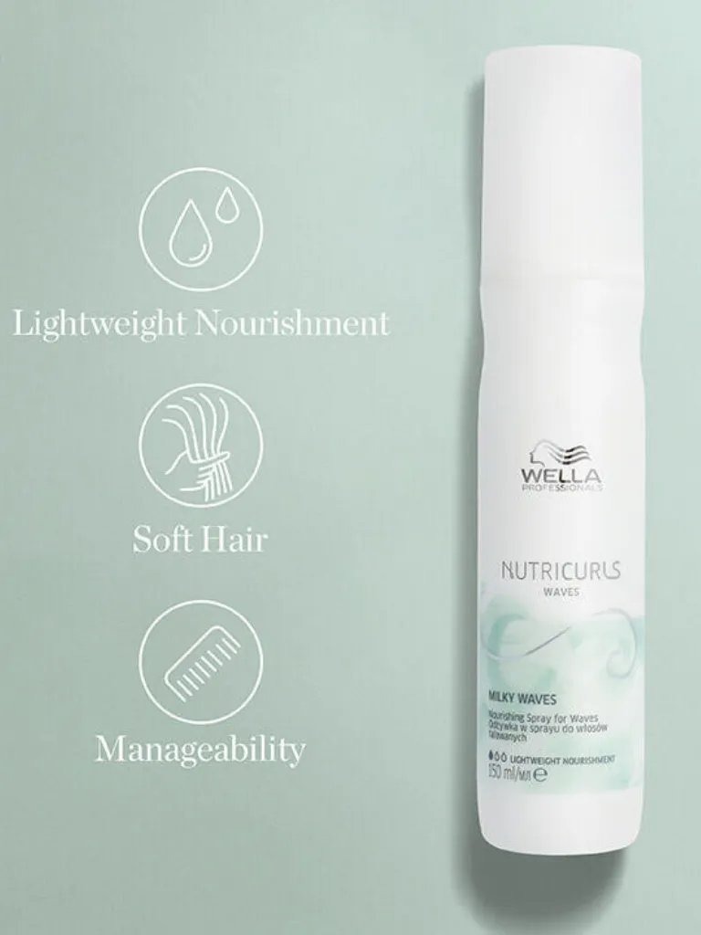 NutriCurls Milky Waves Spray on a light green background.