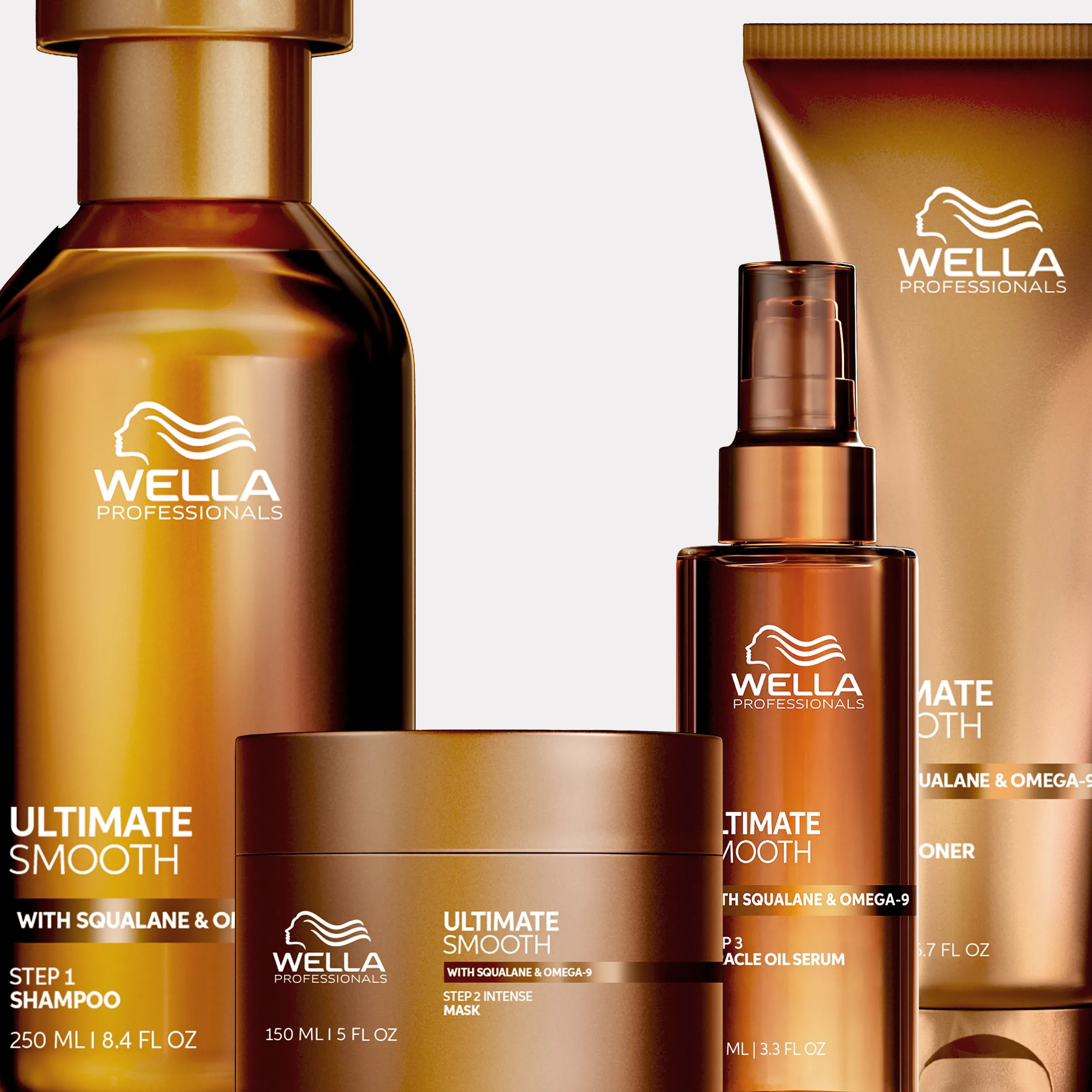 Wella Ultimate Smooth shampoo, conditioner, oil serum, and mask product shot.