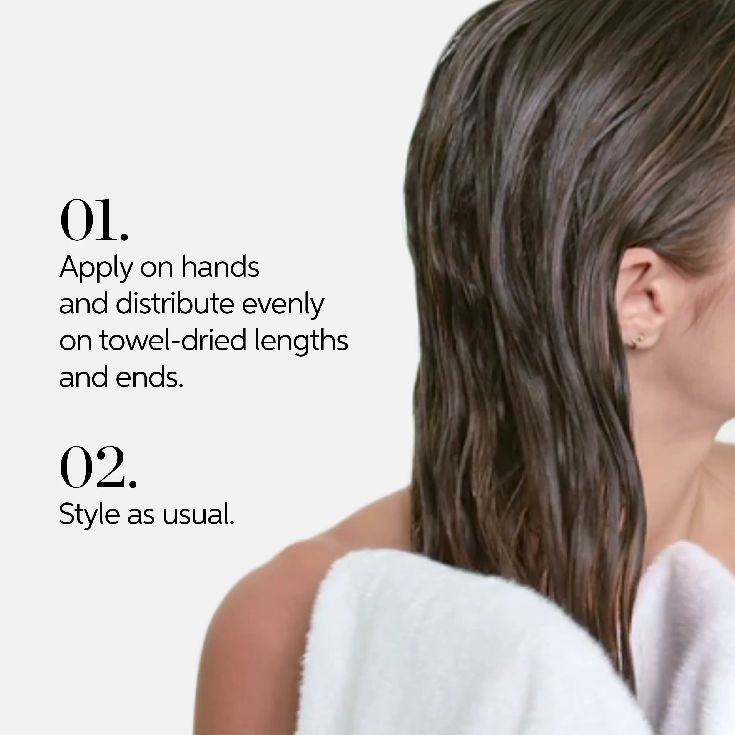 Text detailing how to use Invigo Nutri-Enrich Wonder Balm in two steps: text says '01, apply on hands and distribute evenly on towel-dried lengths and ends. 02, style as usual', next to a photograph of a model towel-drying damp brunette hair.