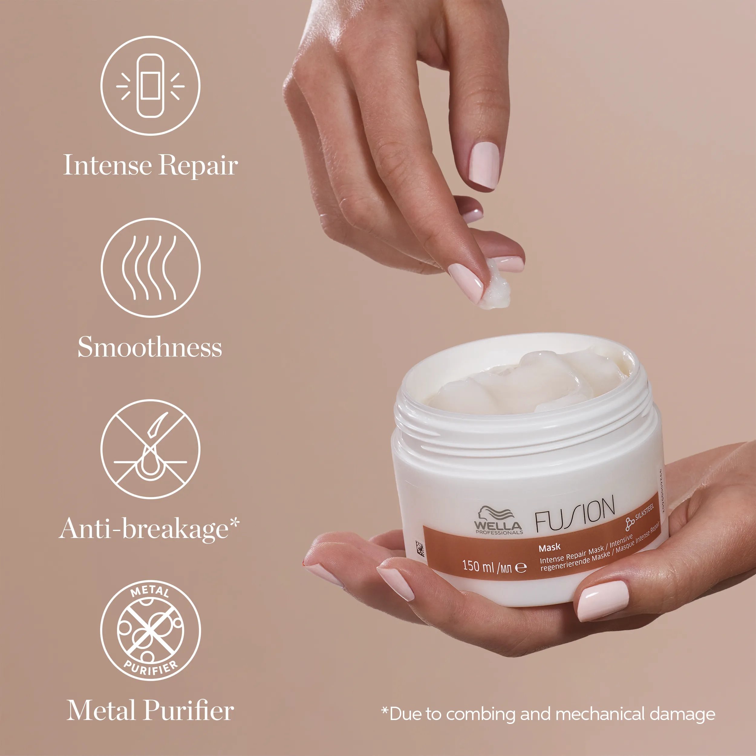 Packshot of a hand holding Fusion Intense Repair Mask beside text saying 'intense repair, smoothness, anti-breakage and metal purifier'.