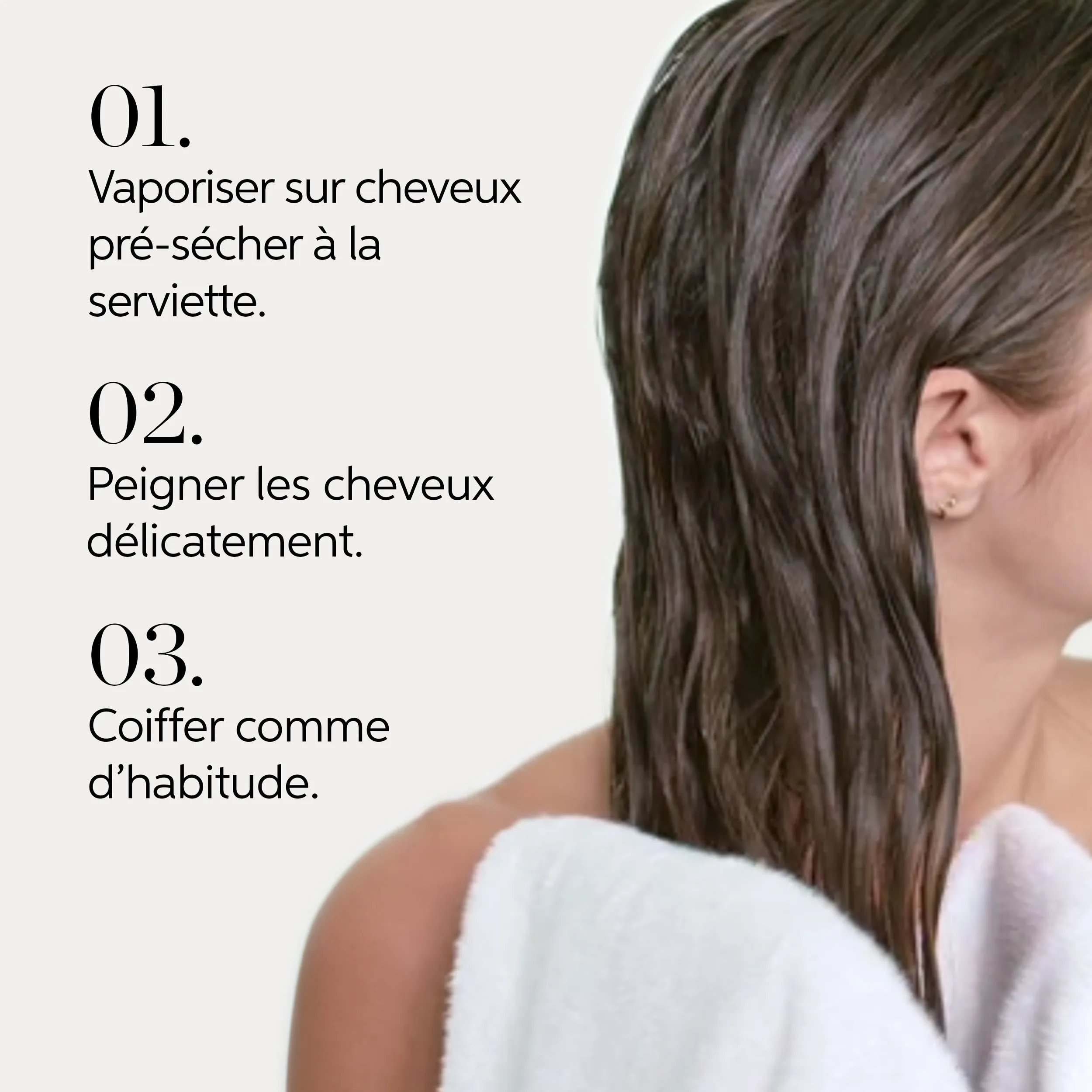 Image montrant des instructions numérotées pour l'application d'un produit capillaire. Une femme aux cheveux humides est partiellement visible.
