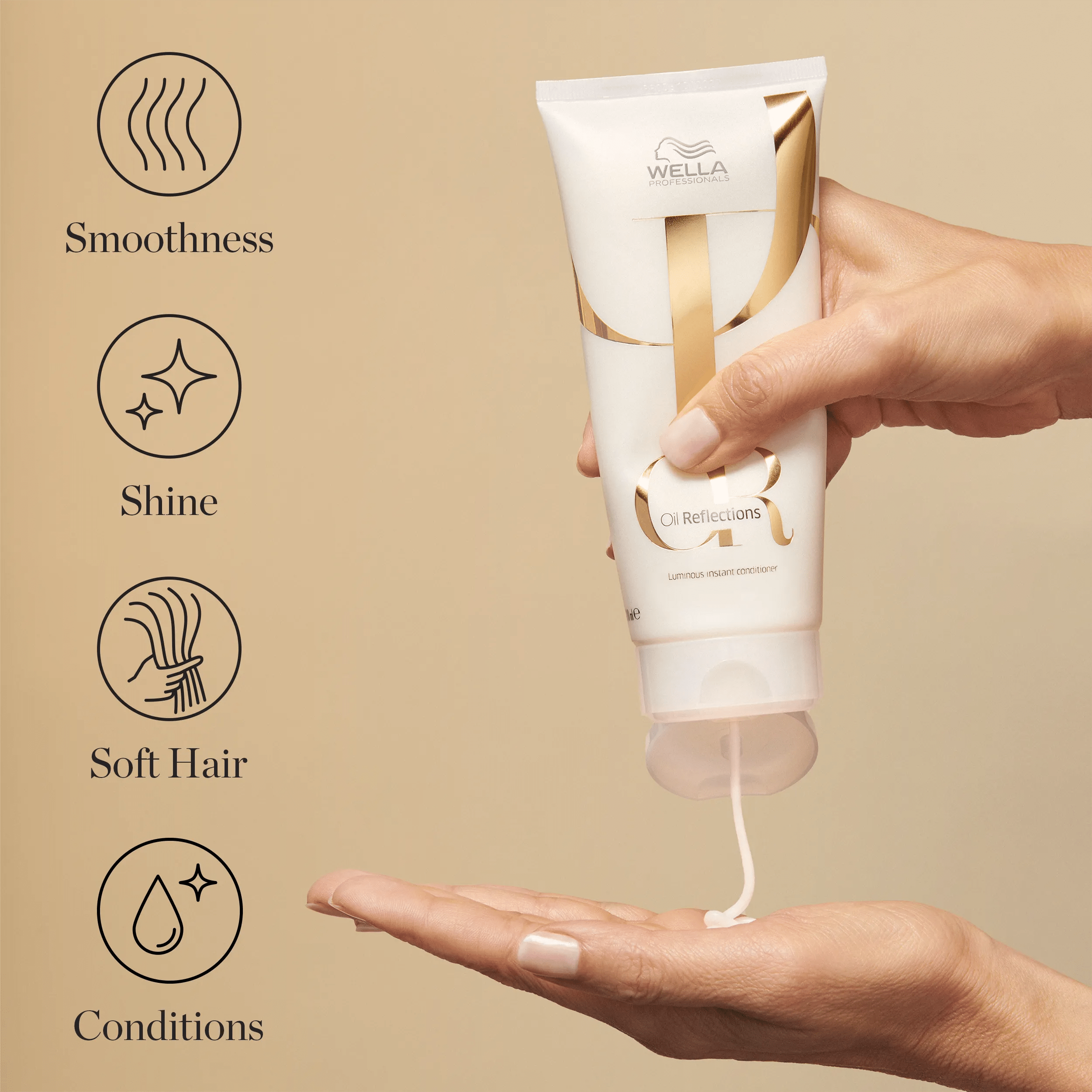 Packshot of Wella Professionals Oil Reflections Luminous Instant Conditioner. Text reads smoothness, shine, soft hair, conditions.
