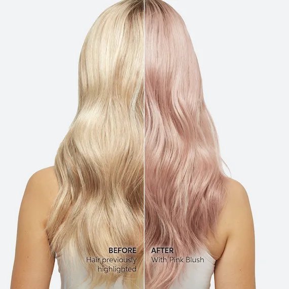 Before and after showing model’s platinum blonde hair turning pastel pink with the Color Fresh Mask.
