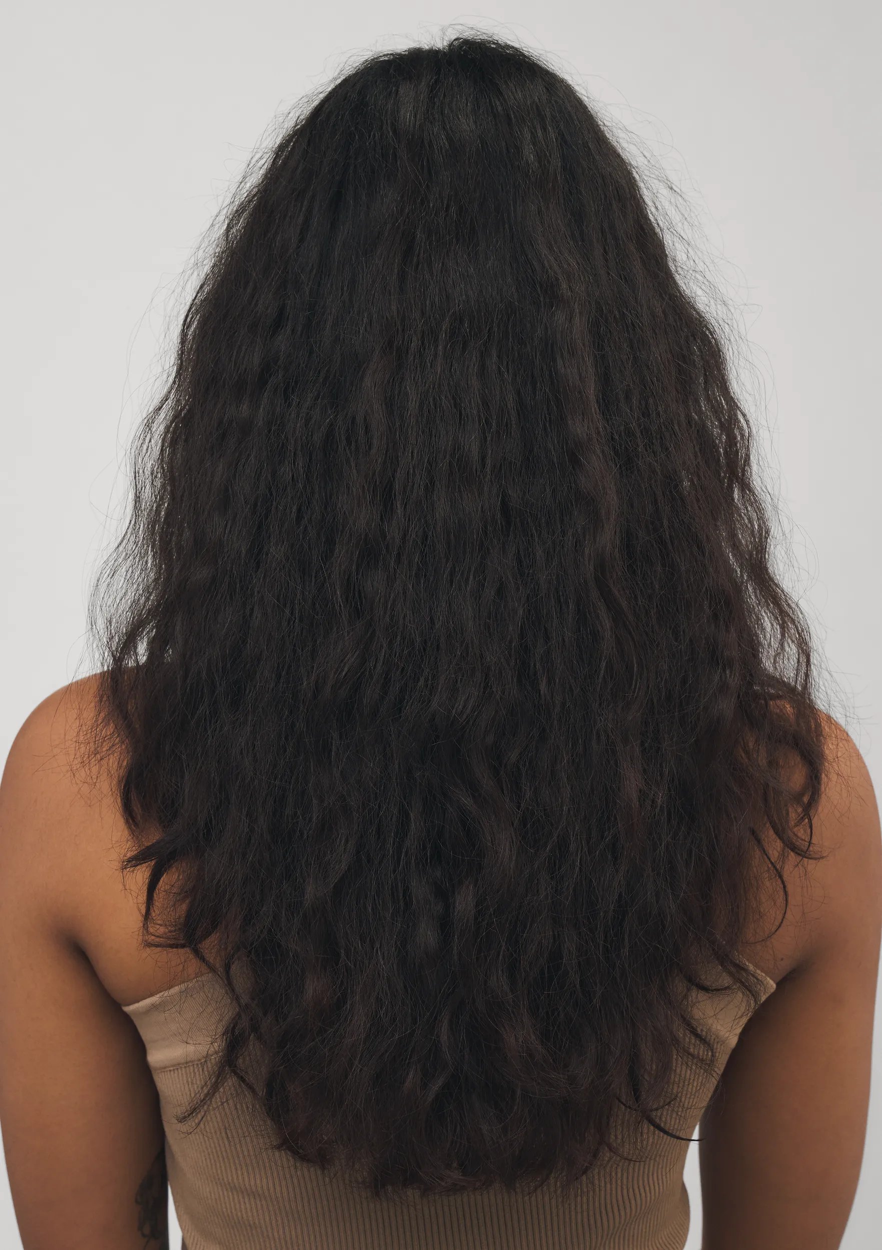 Modelo con cabello largo y castaño de espaldas a la cámara. El cabello se ve opaco y con necesidad de cuidado.
