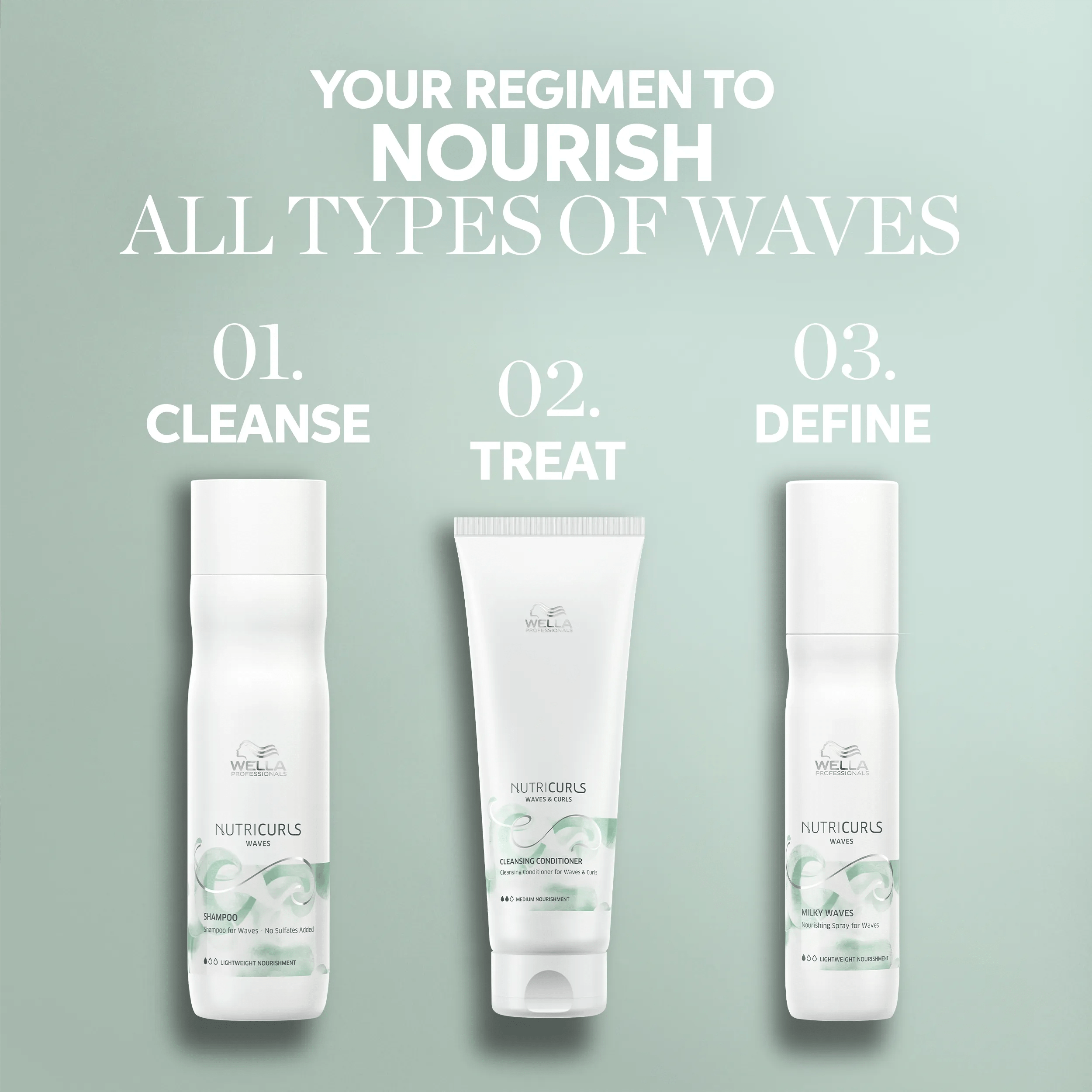 Wella NutriCurls hair care regimen for waves: cleanse, treat, define.