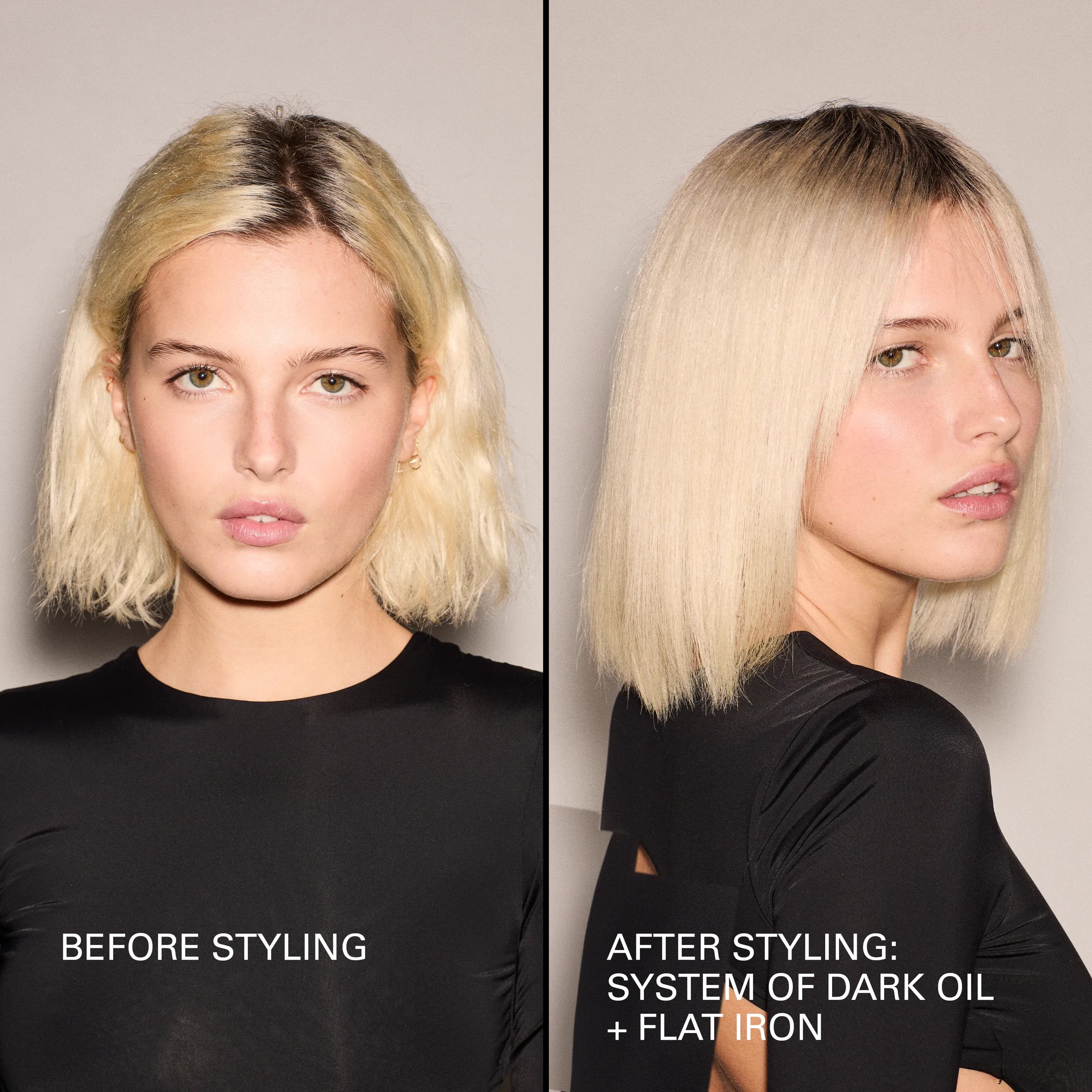 Image avant et après du modèle aux cheveux blonds courts. À gauche, les cheveux du mannequin ne sont pas coiffés et à droite, les cheveux du mannequin sont raides. 