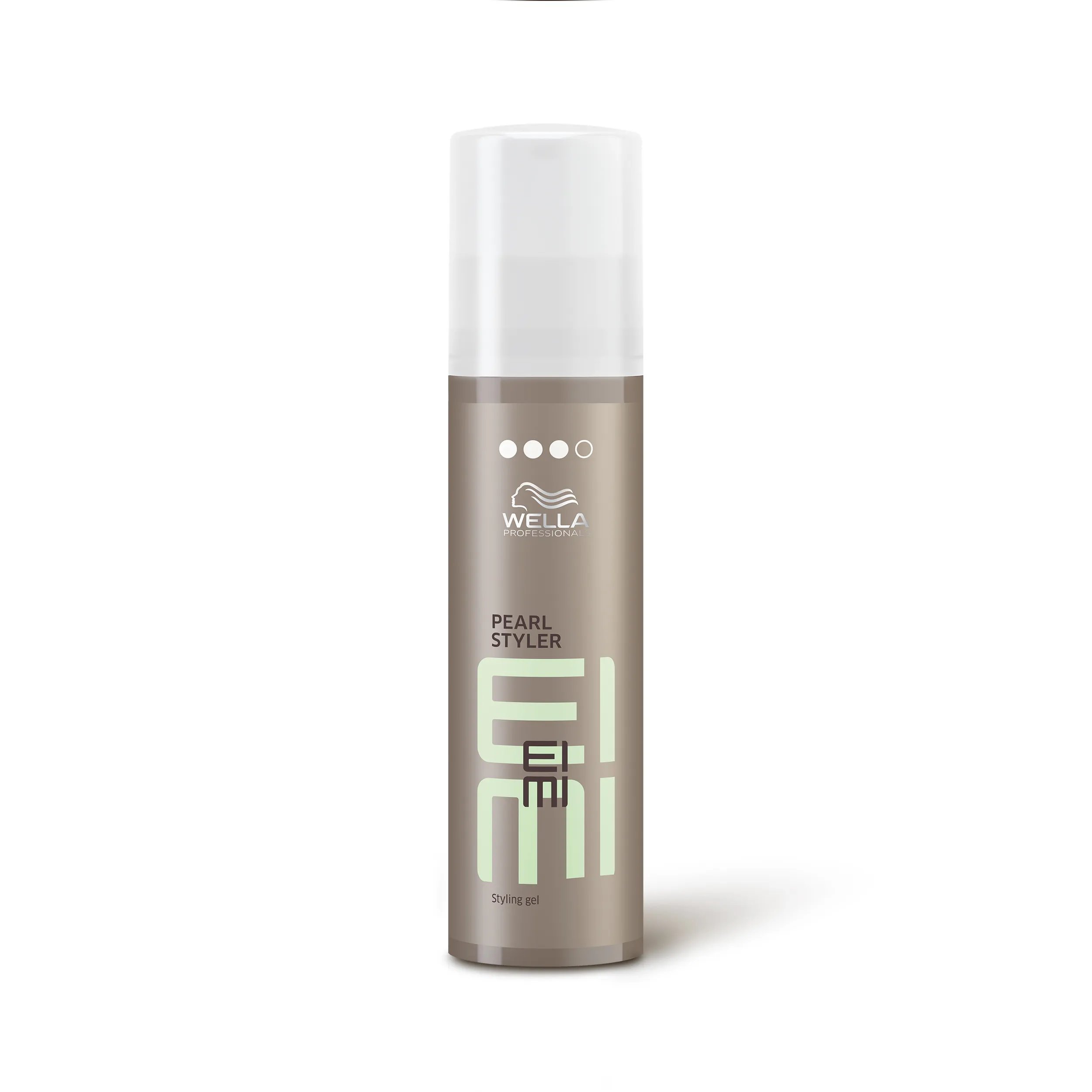 Wella EIMI Pearl Styler packshot - a pewter bottle with a white lid and mint green EIMI logo.