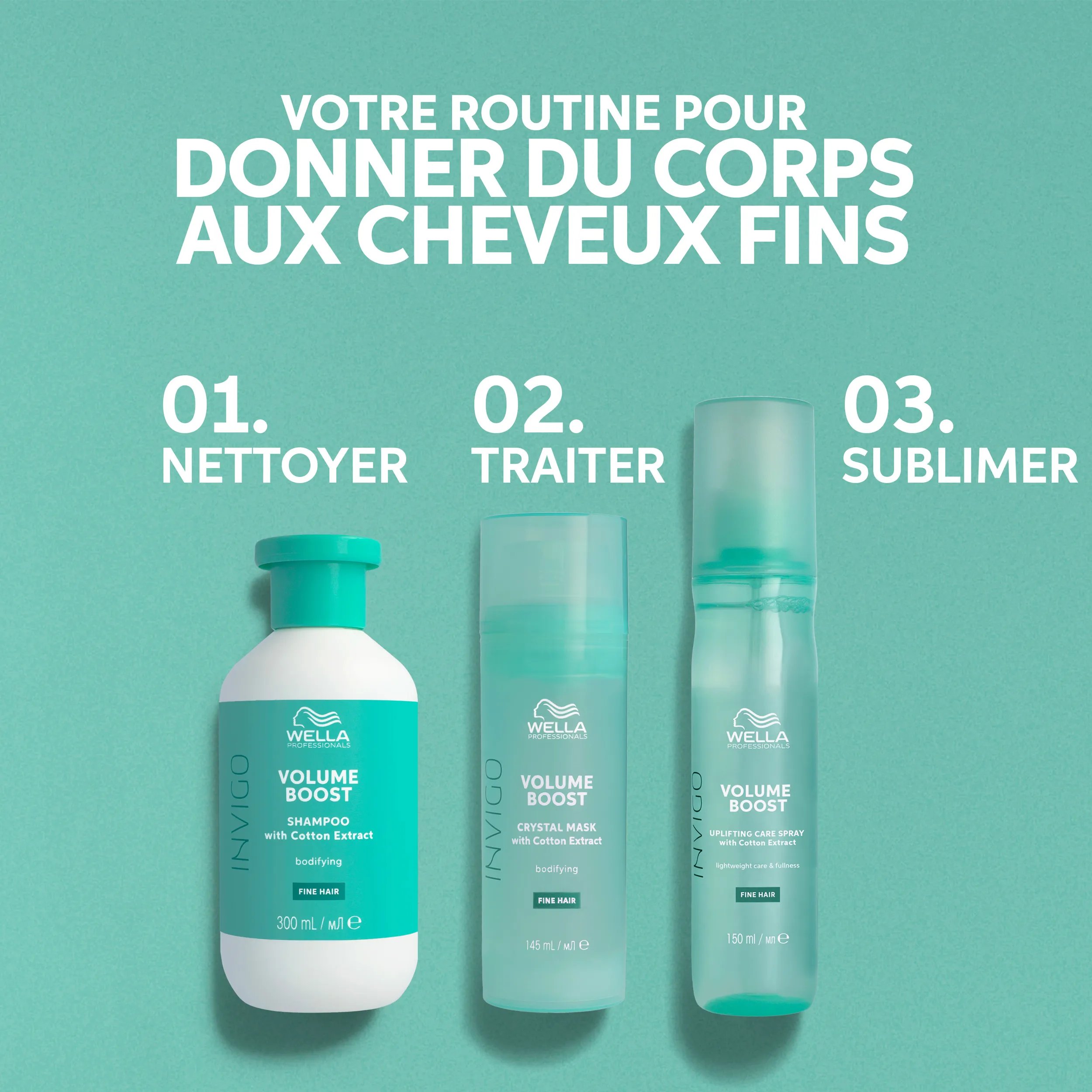 "Votre régime pour booster le volume des cheveux fins" illustré avec les produits Wella Invigo Volume Boost pour le nettoyage et la finition.
