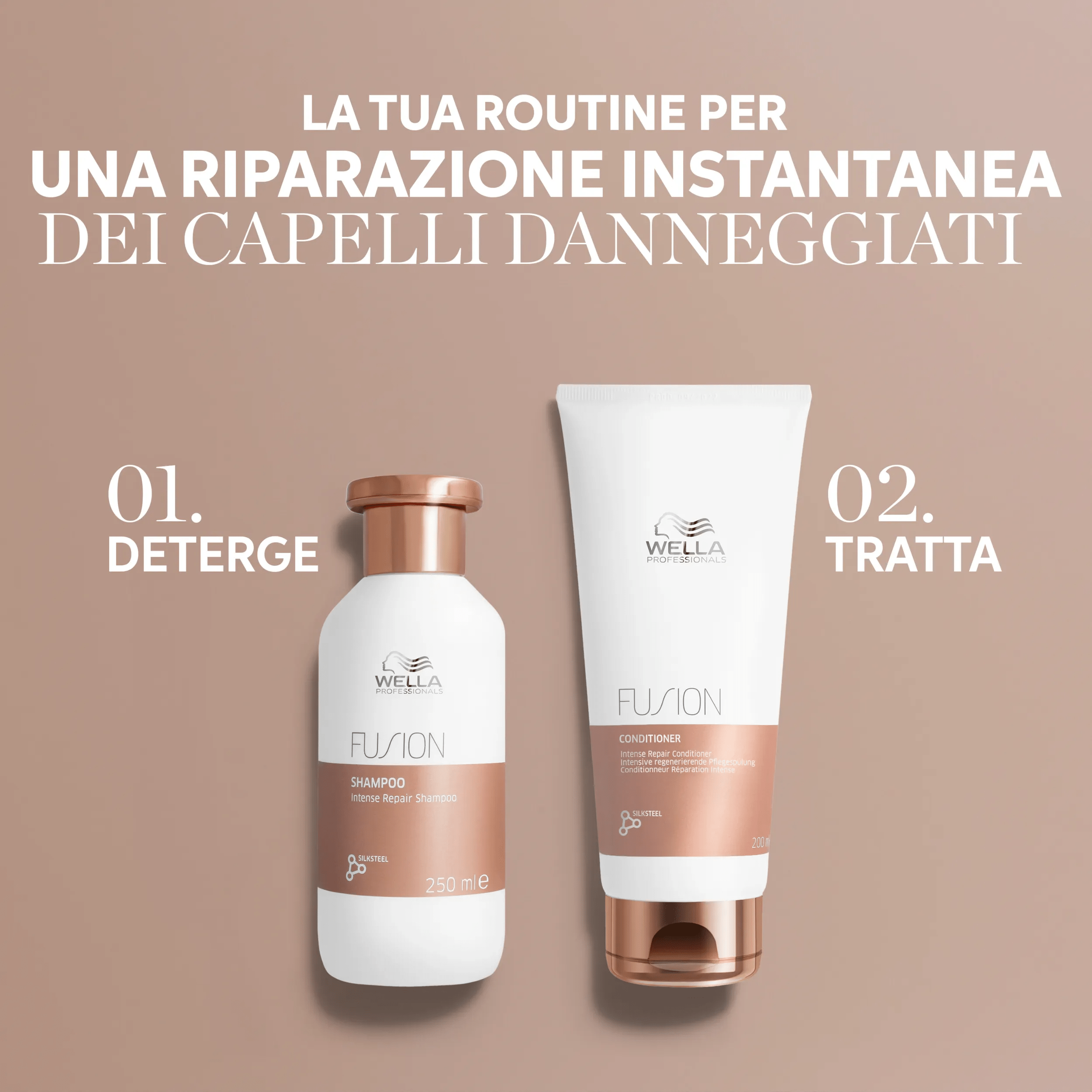 Testo che dice 'la tua routine per favorire la riparazione istantanea dei capelli danneggiati'.  Packshot dei 3 prodotti Fusion che sono inclusi nei 3 passaggi:                                            fase 1 - detergere con Fusion Shampoo. fase 2 - disciplinare con Fusion Conditioner.                                          fase 3 - trattare con Fusion Hair Mask.