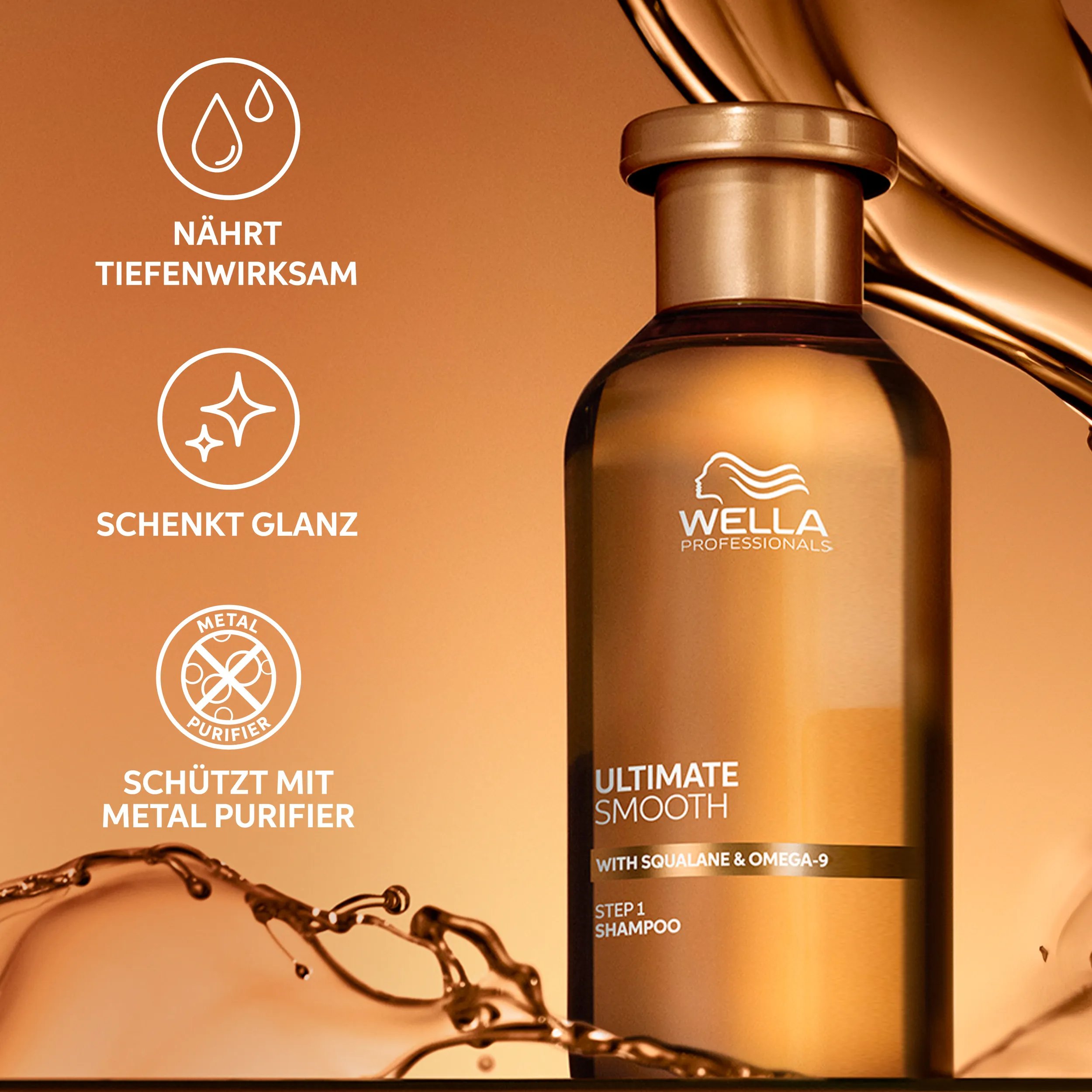 Goldene Flasche des Ultimate Smooth Shampoo von Wella Professionals