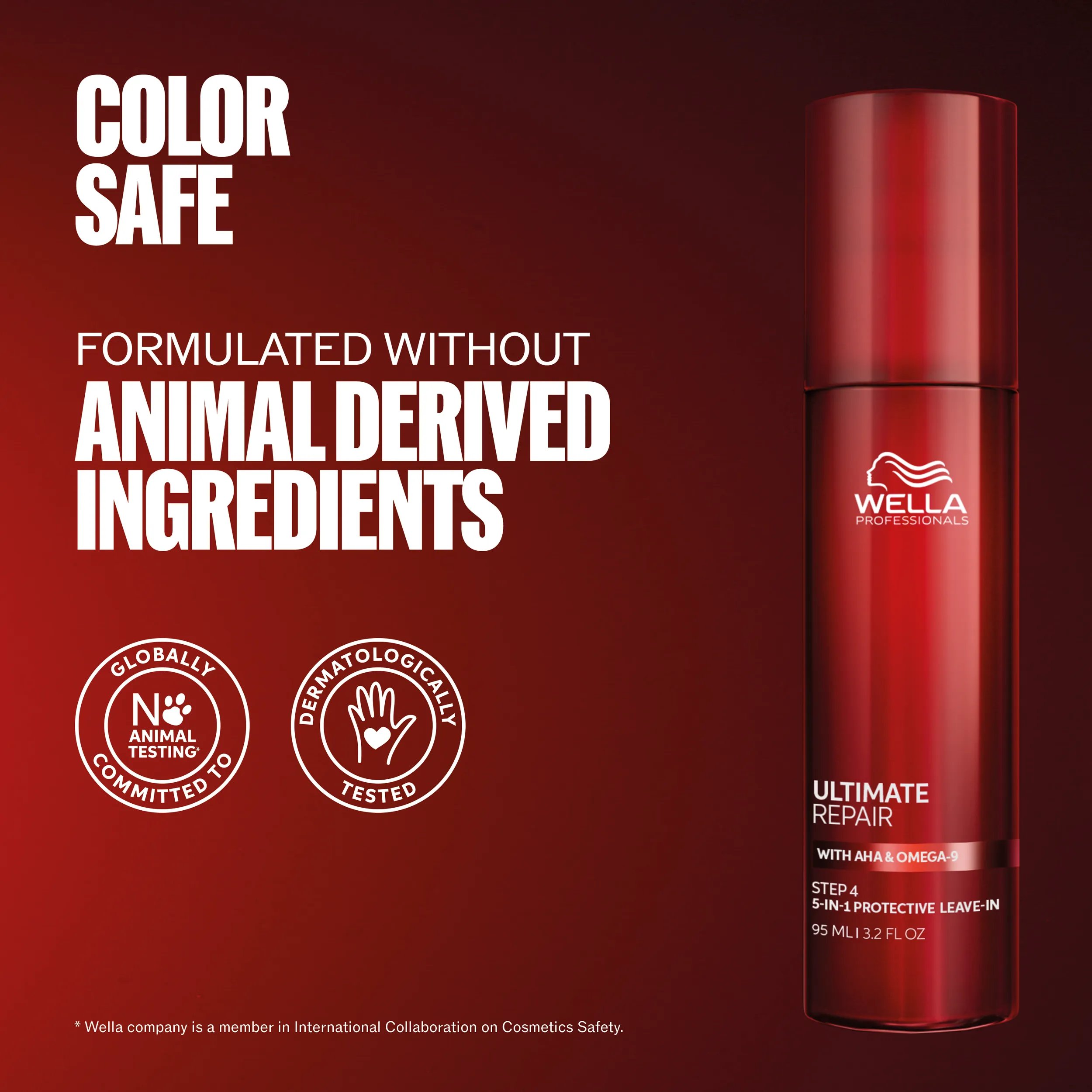 Packshot of Ultimate Repair Leave-in. Text reads color safe, formulated without animal derived ingredients.