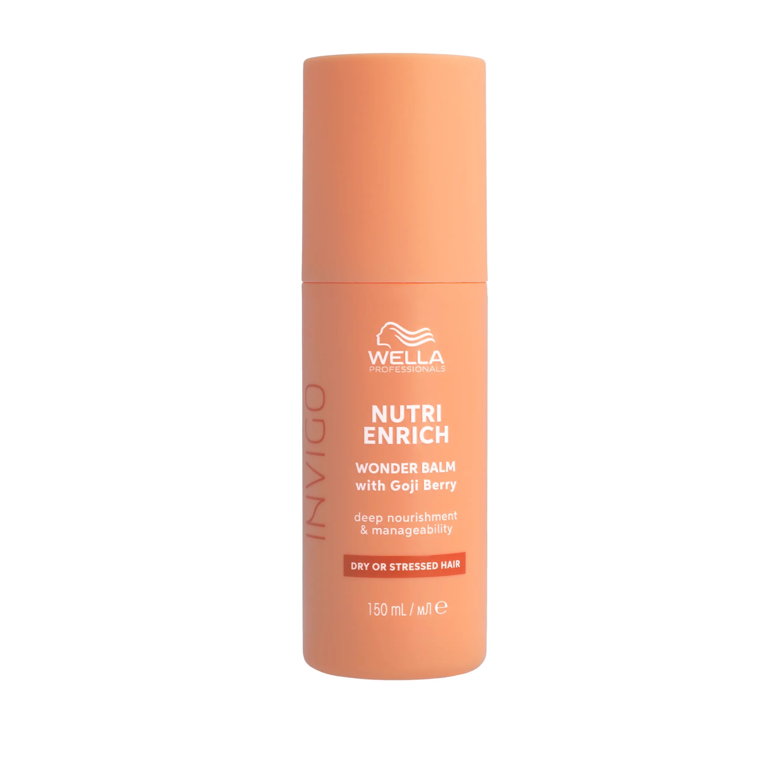 Packshot du baume magique Invigo Nutri-Enrich de Wella Professionals - un flacon orange pêche avec des caractères blancs et rouges et un logo Wella rouge.
