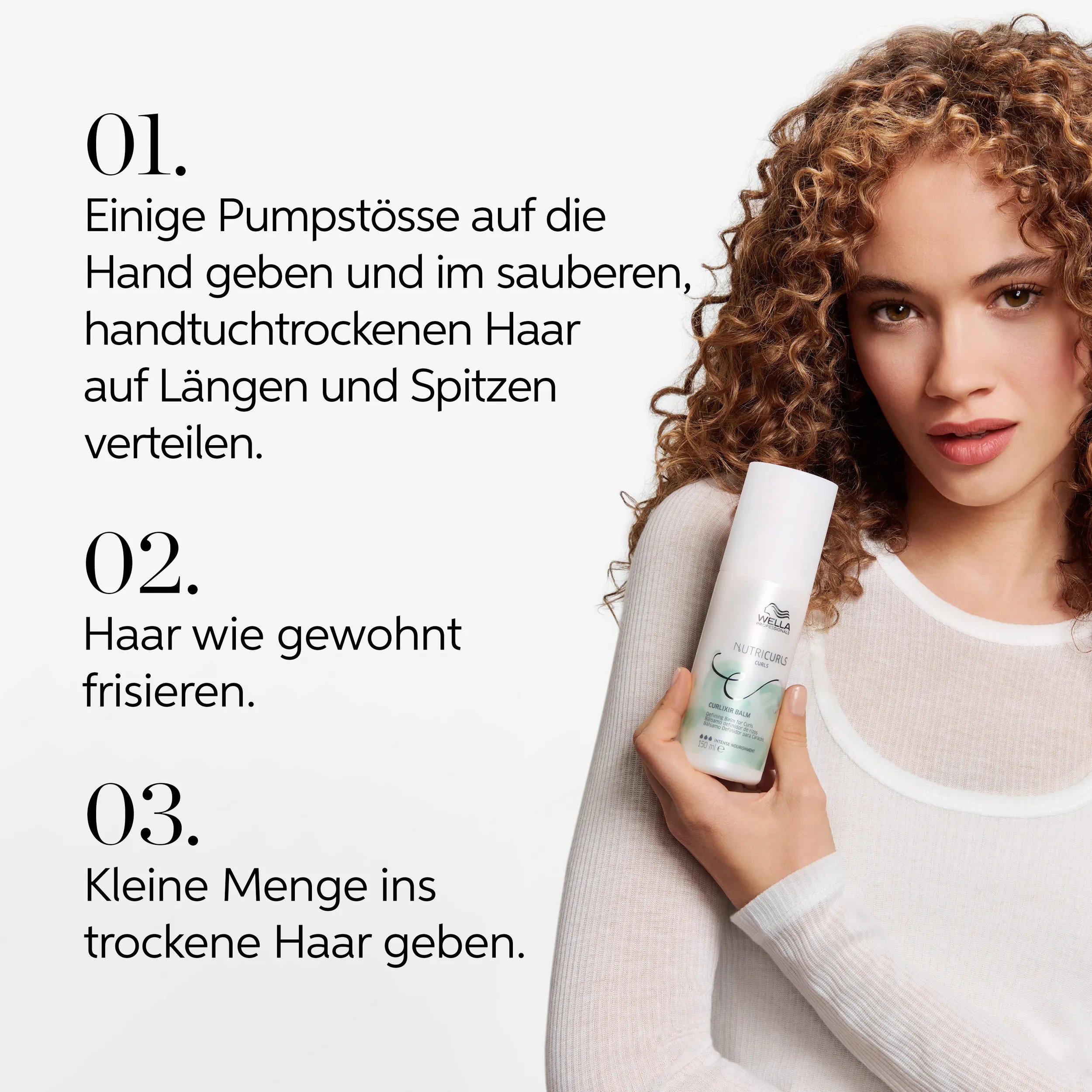 Image showing a model with defined curls holding Wella Professionals NutriCurls Curlixir Balm with steps for application to towel-dried or dry hair, and styling instructions.