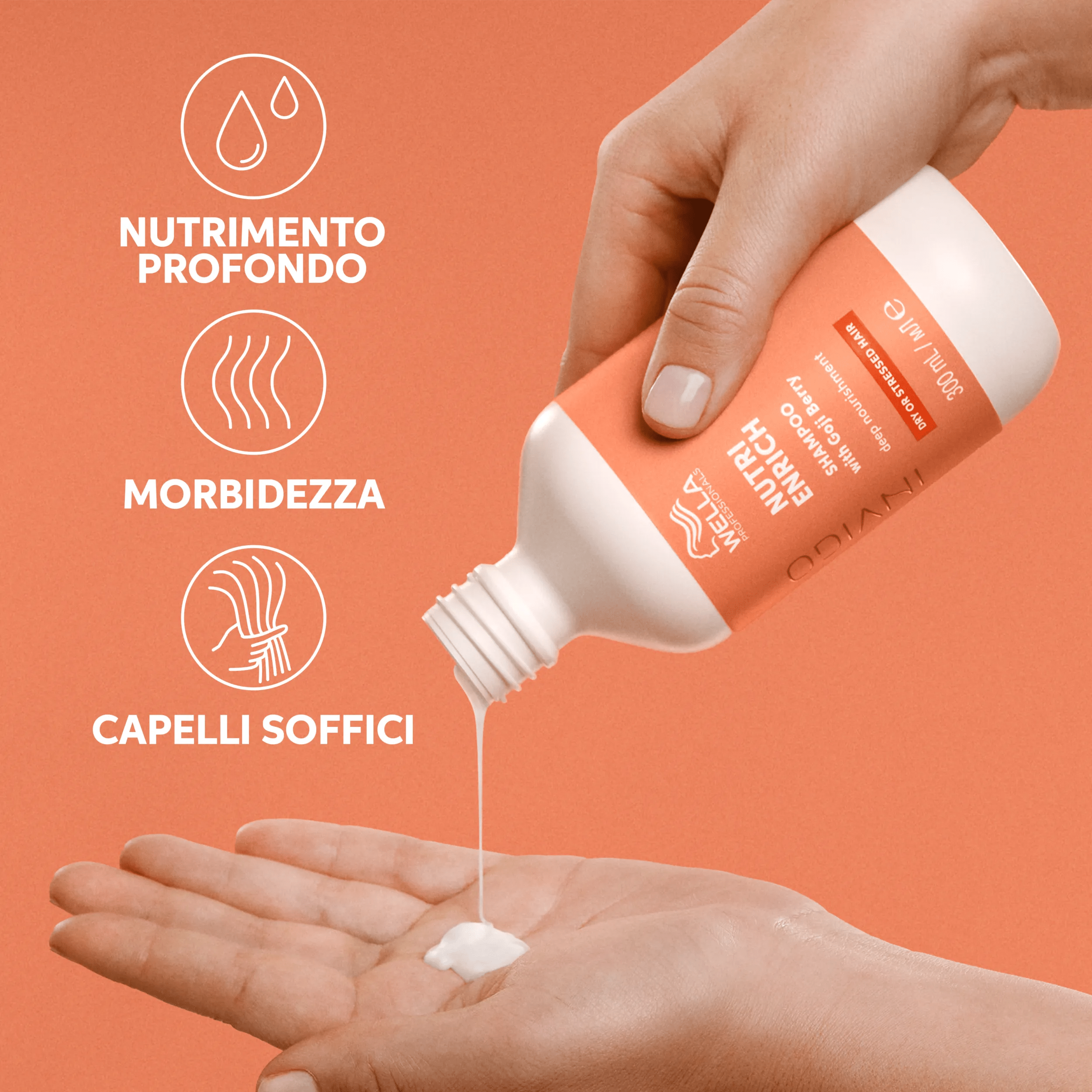 Immagine di un flacone Wella Professionals Invigo Nutri-Enrich Deep Nourishing Shampoo con testo e icone che evidenziano nutrimento profondo, scorrevolezza, e morbidezza.