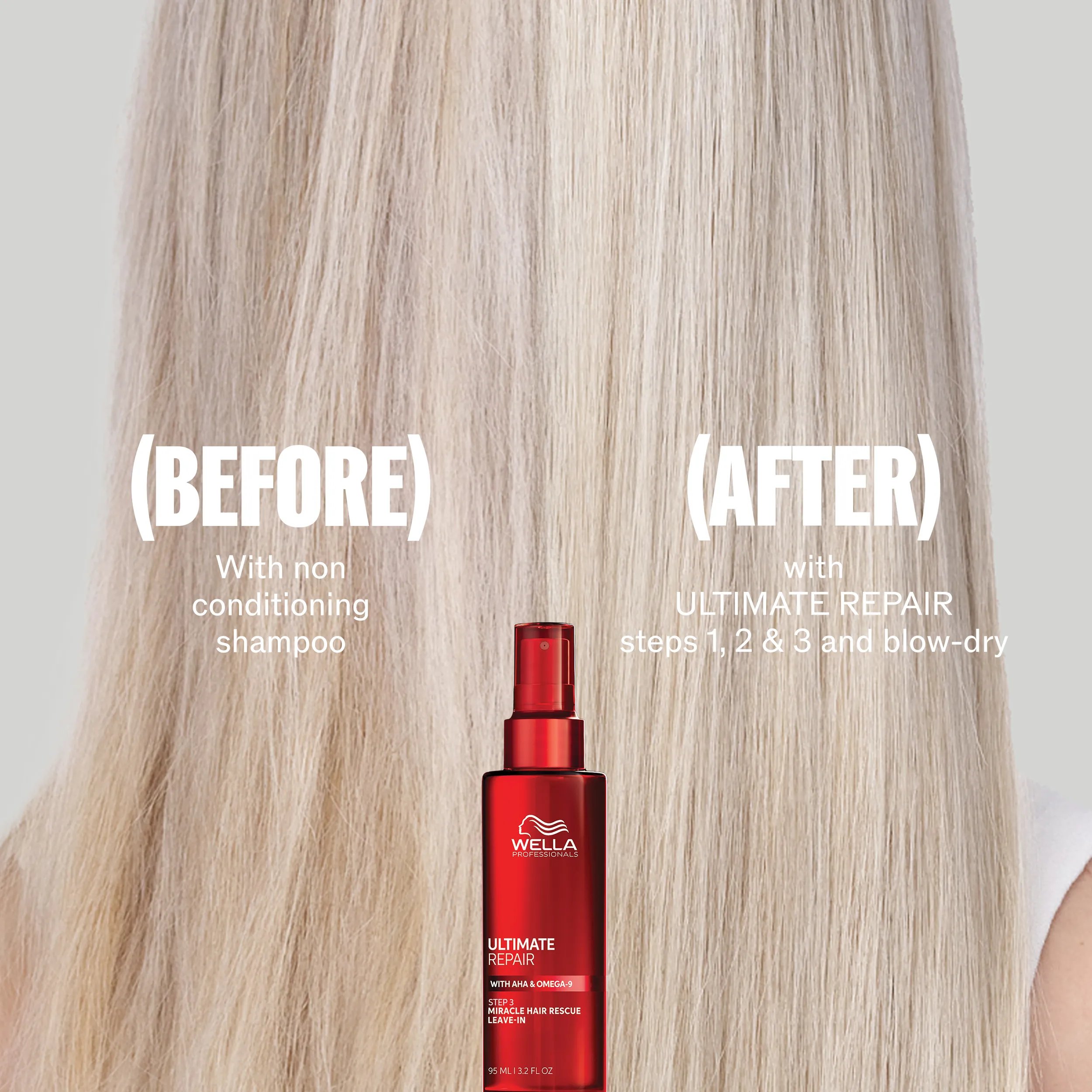 Long blonde hair from the back. Image is split down the middle. One half looks dry text reads before with non conditioning shampoo. The other half is shiny and healthy, text reads after with Ultimate Repair steps 1,2,3 & blow-dry.