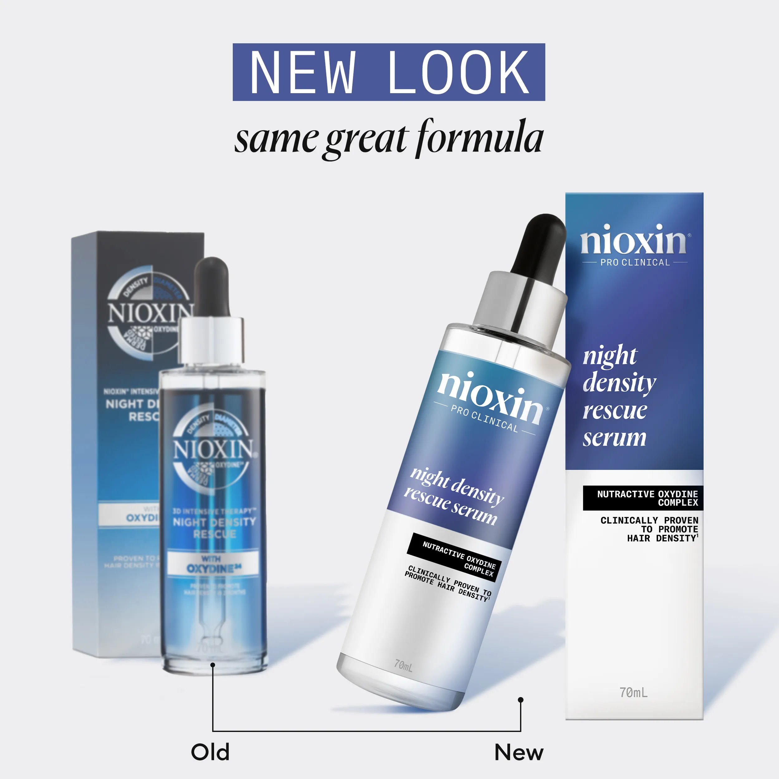 Packaging antiguo y nuevo de Night Density Serum, uno al lado del otro