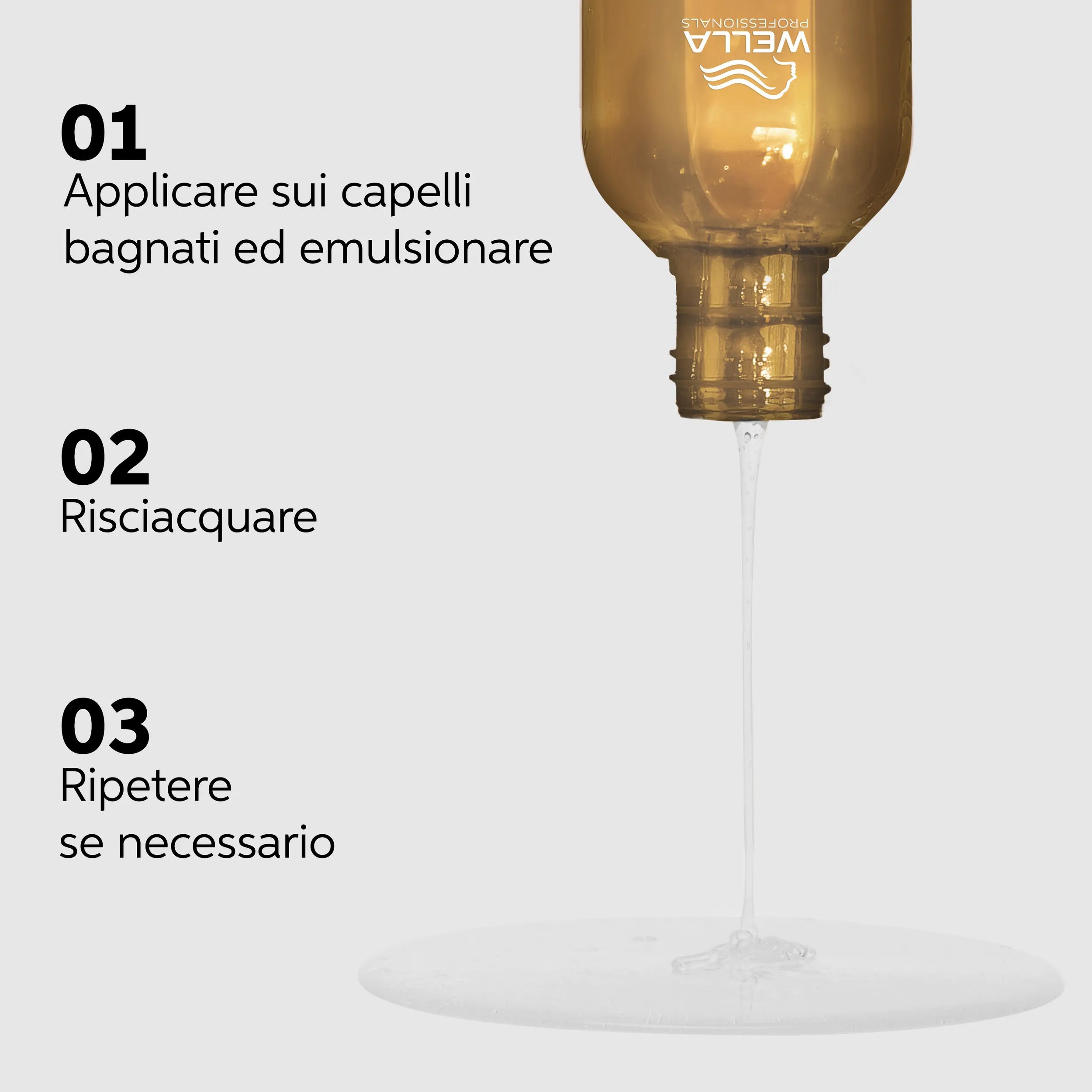 Immmagine che elenca i passaggi necessari per l'utilizzo di Wella Professionals Ultimate Smooth Shampoo. Il testo dice: Applicare acqua sui capelli bagnati ed emulsionare, sciacquare, ripetere se necessario.