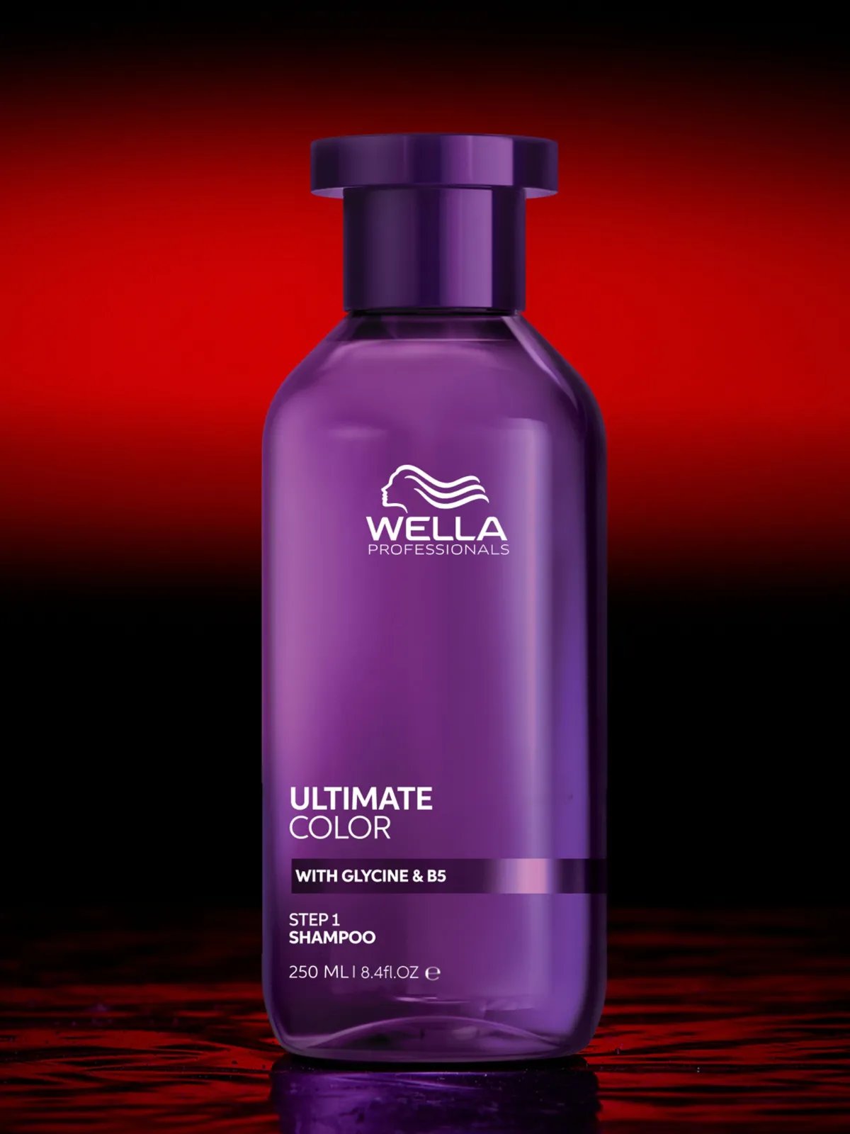 ULTIMATE COLOR Sulfate-Free Shampoo against a red backdrop.