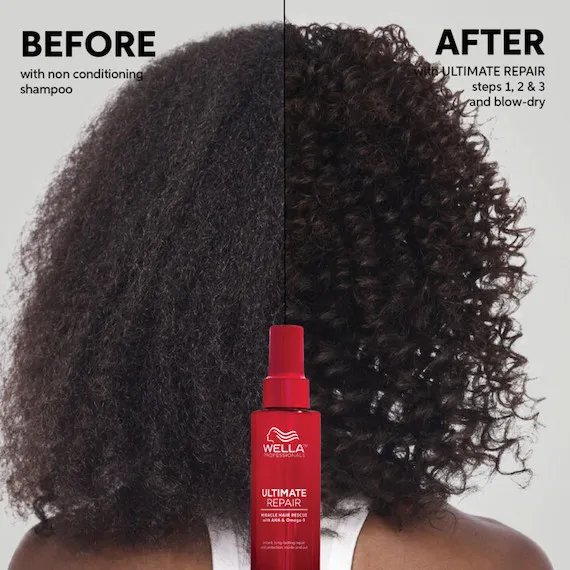 Before and after showing model’s dark brown, curly hair appearing healthier and more defined after using ULTIMATE REPAIR.