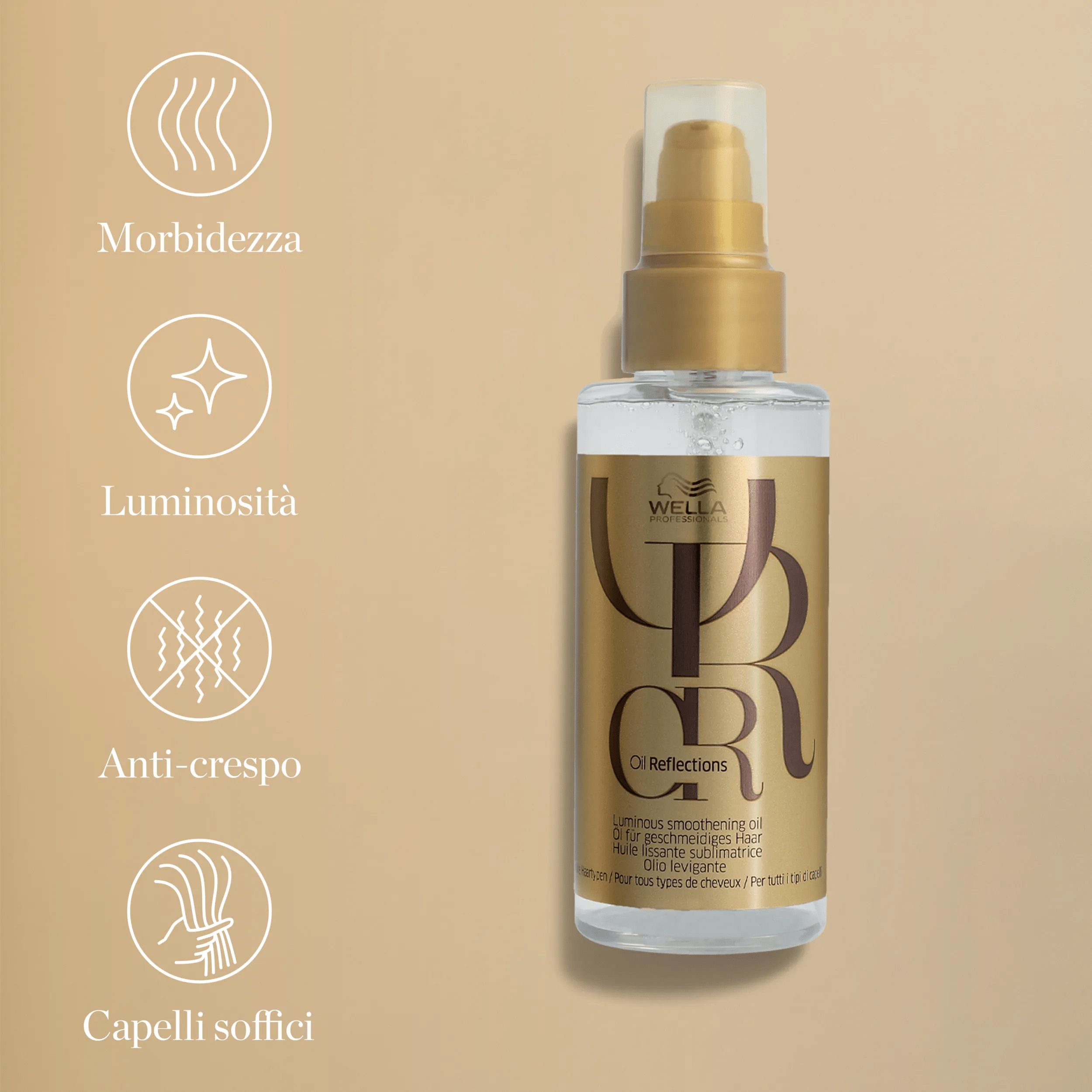 Packshot di Wella Professionals Oil Reflections Luminous Smoothing Oil. Il testo afferma: Morbidezza, splendore, anti-crespo, capelli soffici.