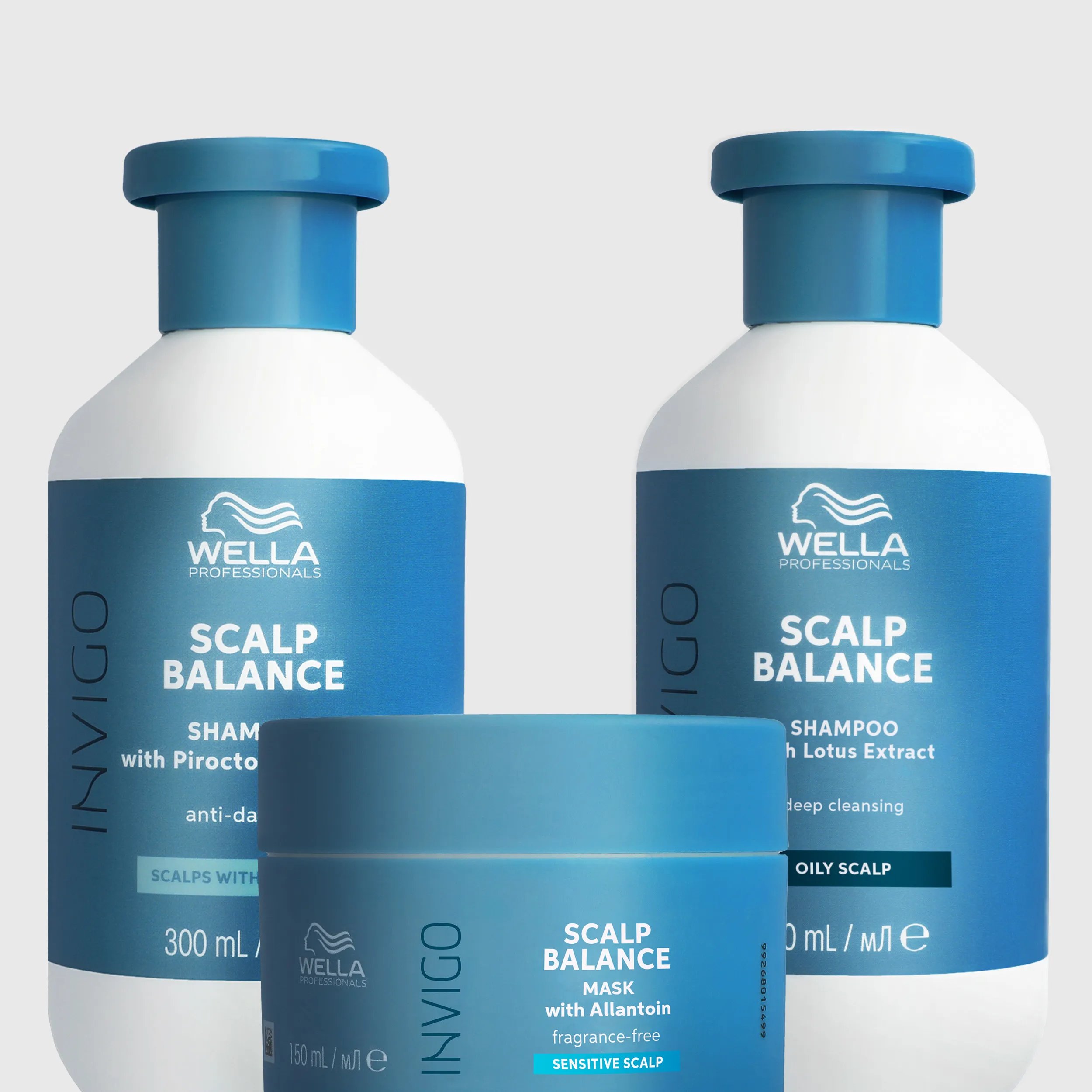 Image shows a collection of Wella INVIGO Balance shampoo, conditioner, and mask products.