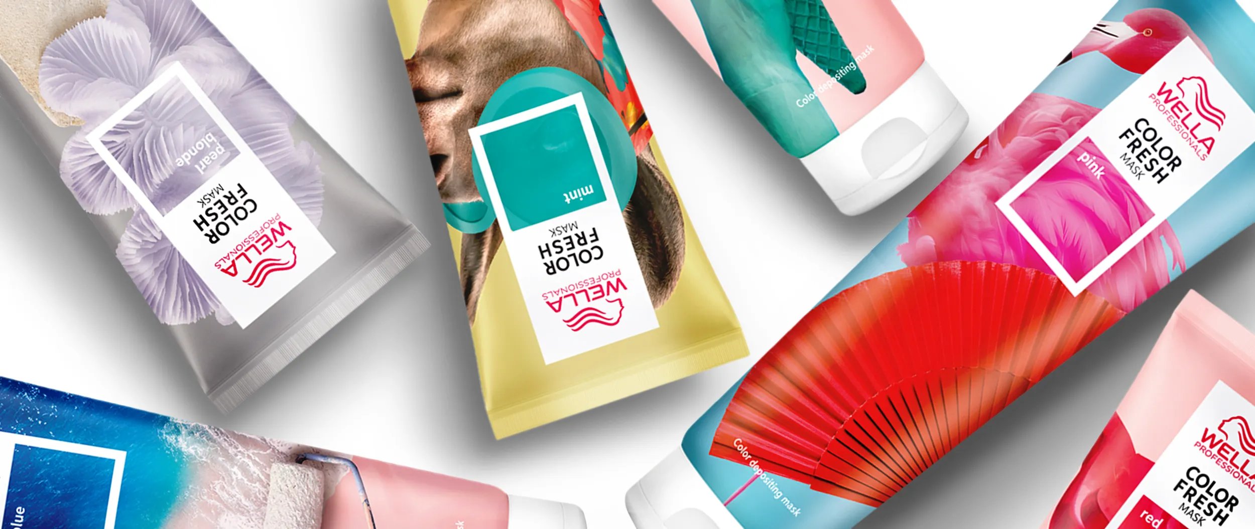 Image of the Color Fresh Mask packshots of various  colors, like pink, mint, pearl blonde and red