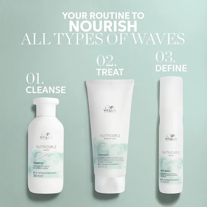 Wella NutriCurls hair care regimen for waves: cleanse, treat, define, featuring shampoo, cleansing conditioner, and milky waves spray.