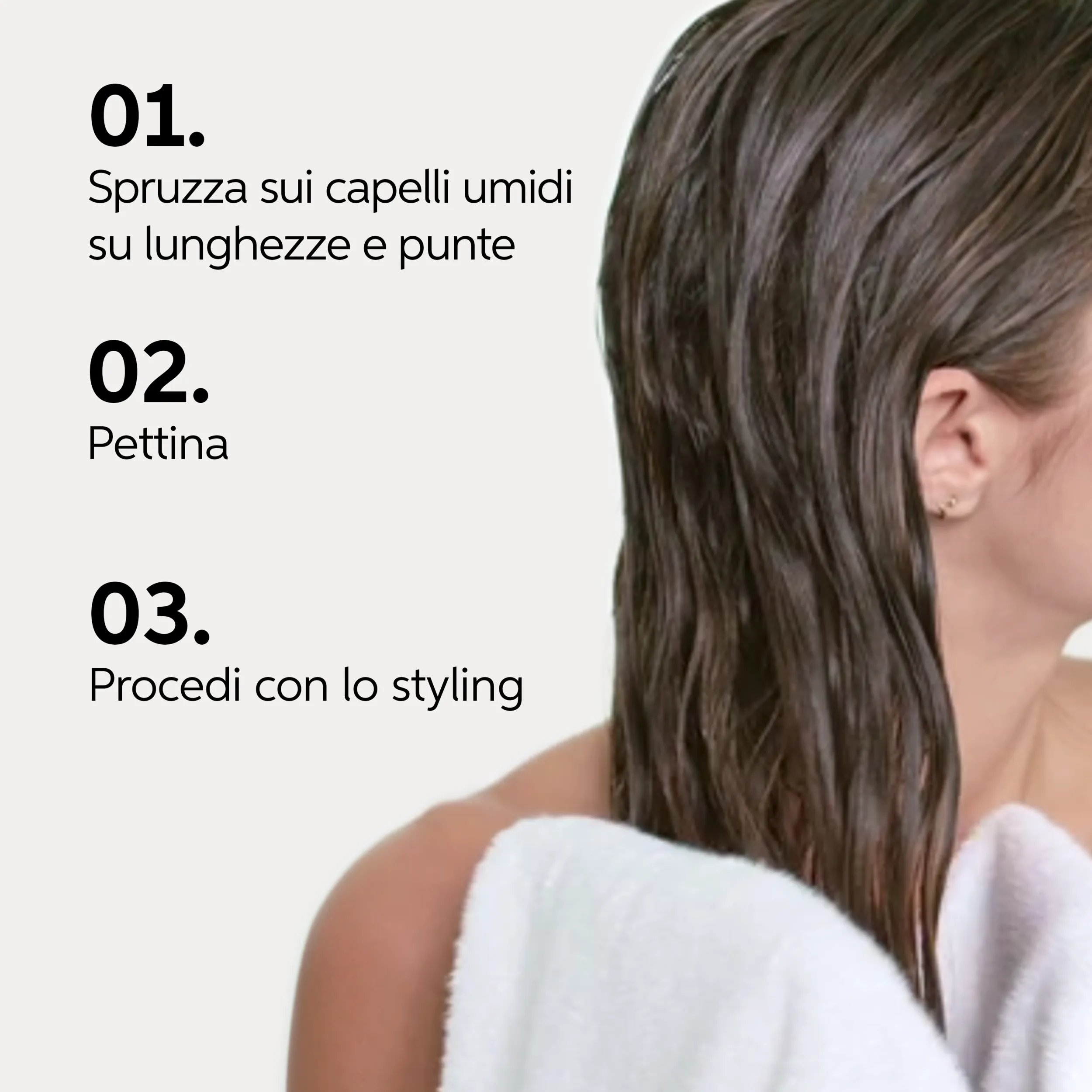 Immagine che mostra i 3 passaggi per lo styling dei capelli umidi, con testo e vista parziale di una modella con capelli castani bagnati.