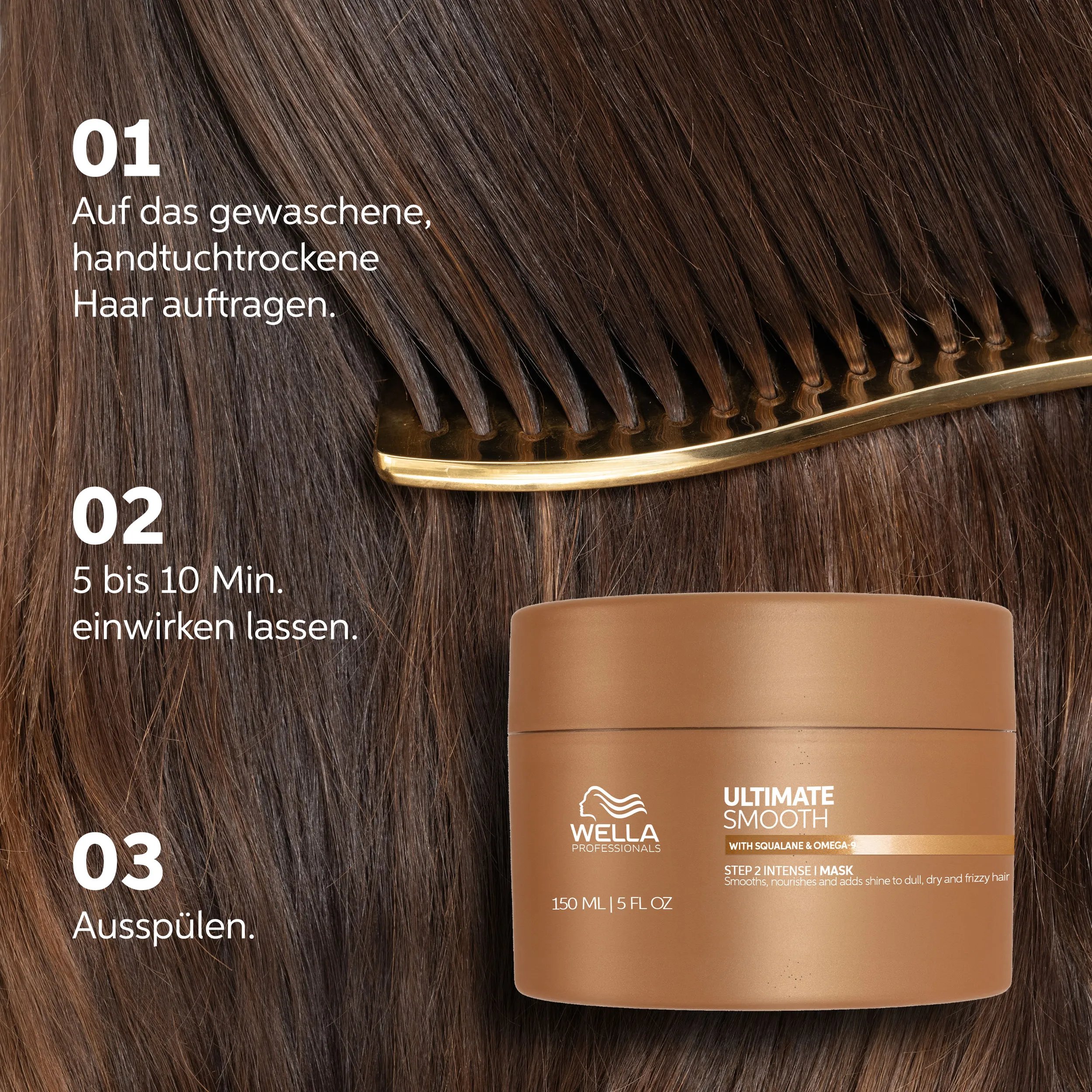 Brünetter Hinterkopf mit glattem Haar, goldenem Kamm und Ultimate Smooth Mask