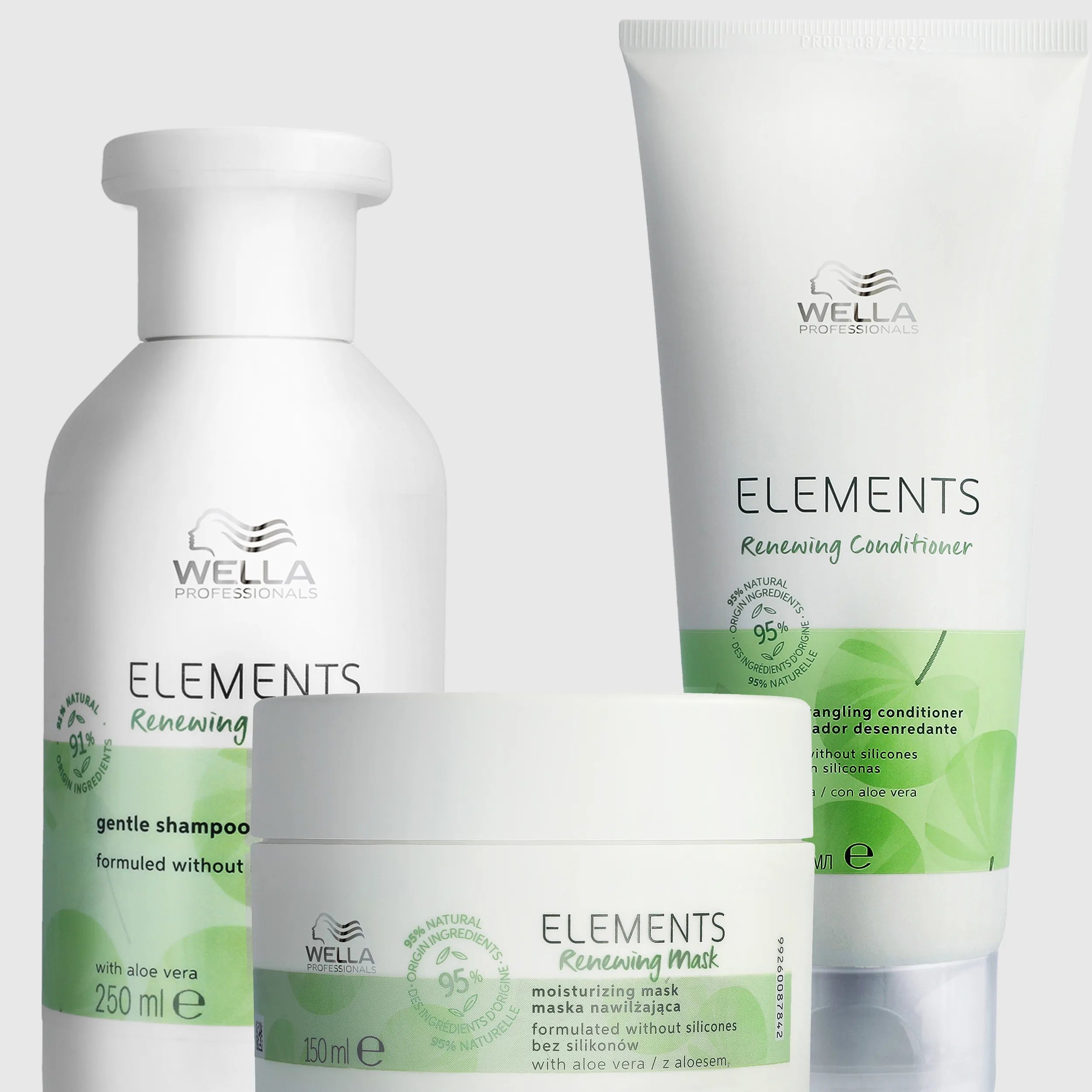 Wella Elements Renewing shampoo, conditioner, and mask product shots.