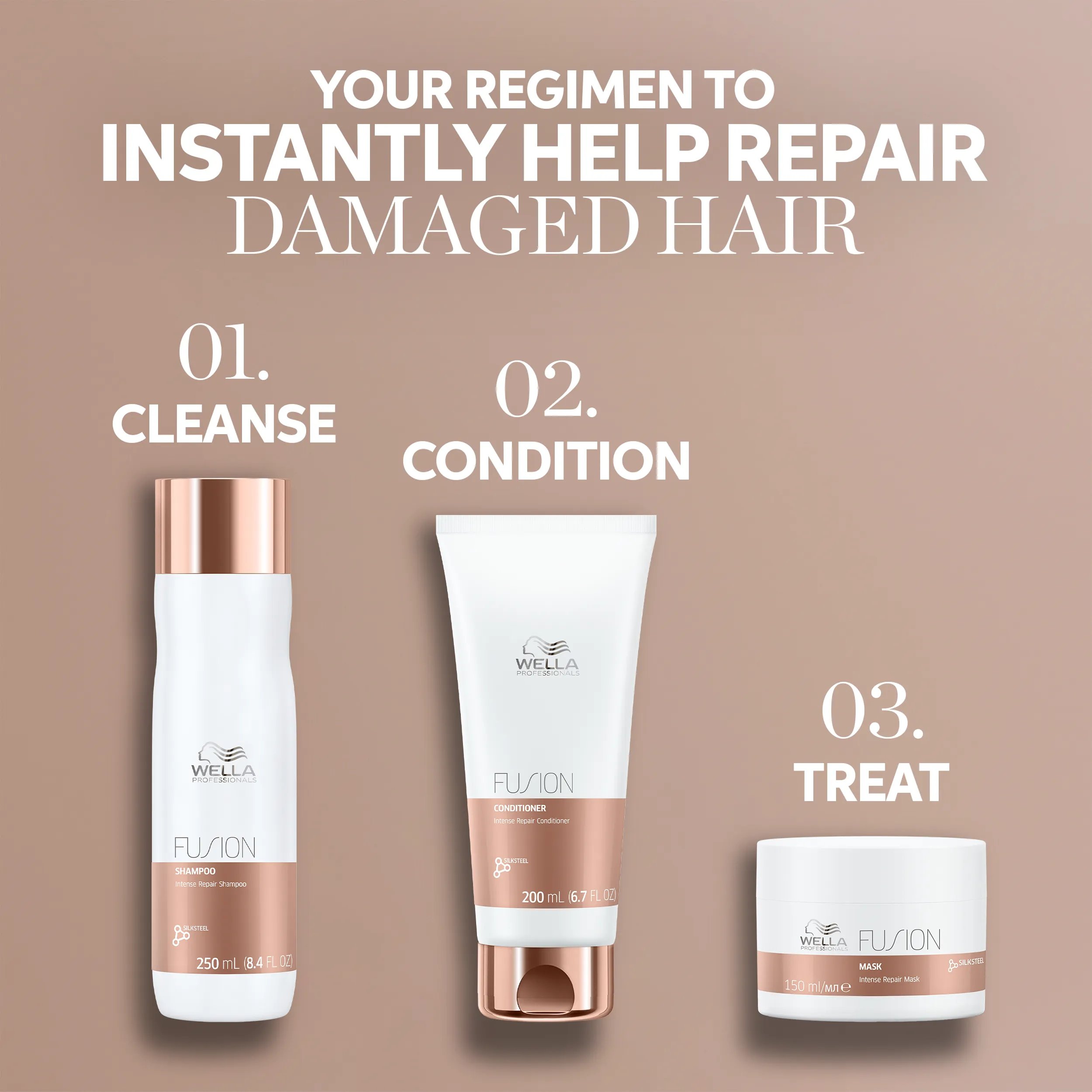 Text saying 'your regimen to instantly help repair damaged hair'. Packshots of the 3 Fusion products are included in 3 steps: step 1 - cleanse with Fusion shampoo. Step 2 - condition with Fusion conditioner. Step 3 - treat with Fusion hair mask.