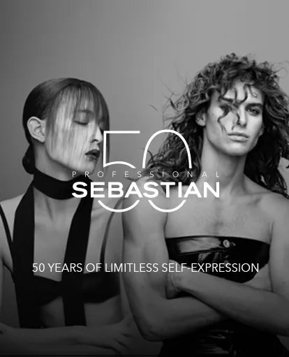 Image of two models with arms crossed, with white text displayed across them saying "Sebastian Professional 50" and text below, "50 Years of Limitless Self Expression"