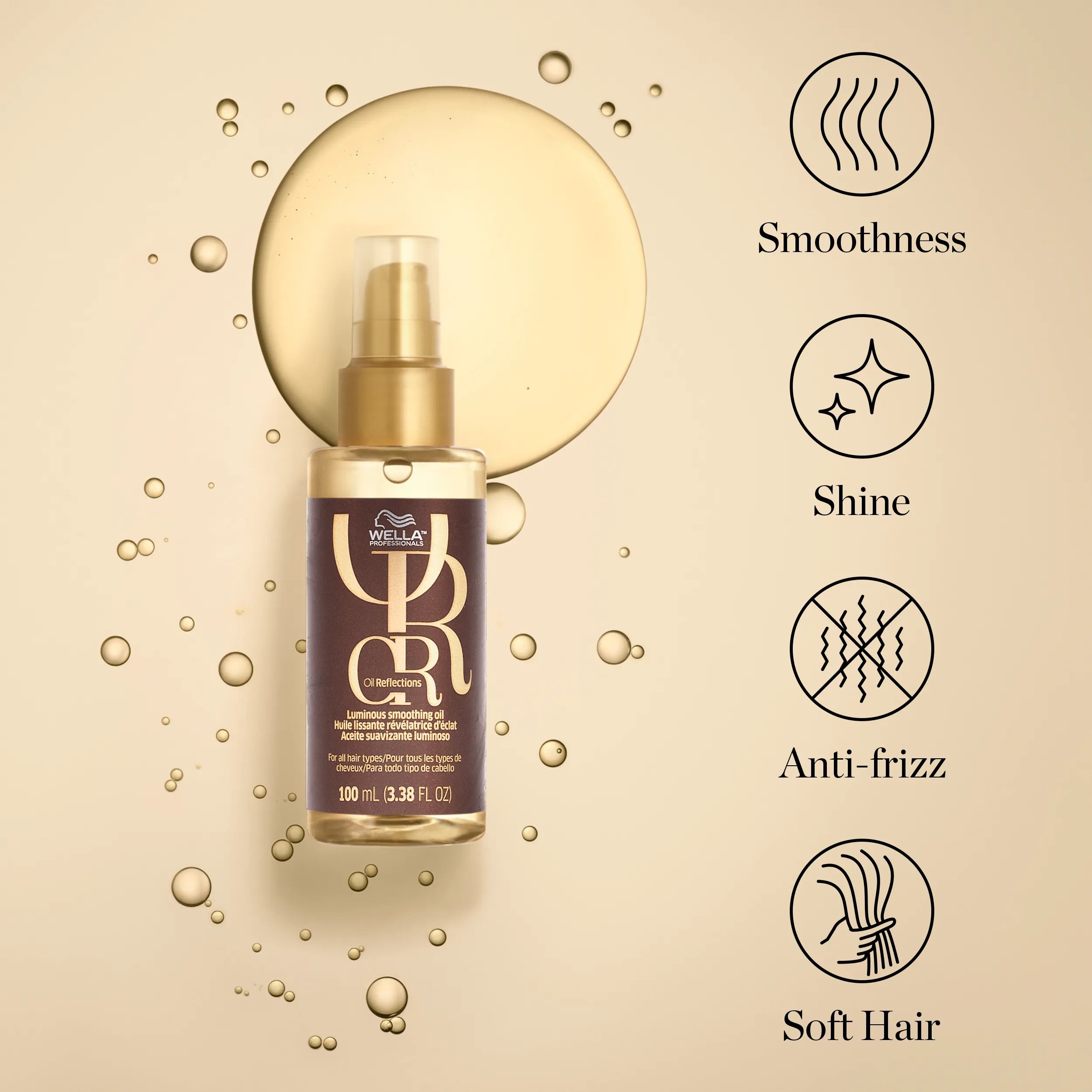 Packshot of Wella Professionals Oil Reflections Luminous Smoothing Oil. Text reads smoothness, shine, anti-frizz, soft hair.
