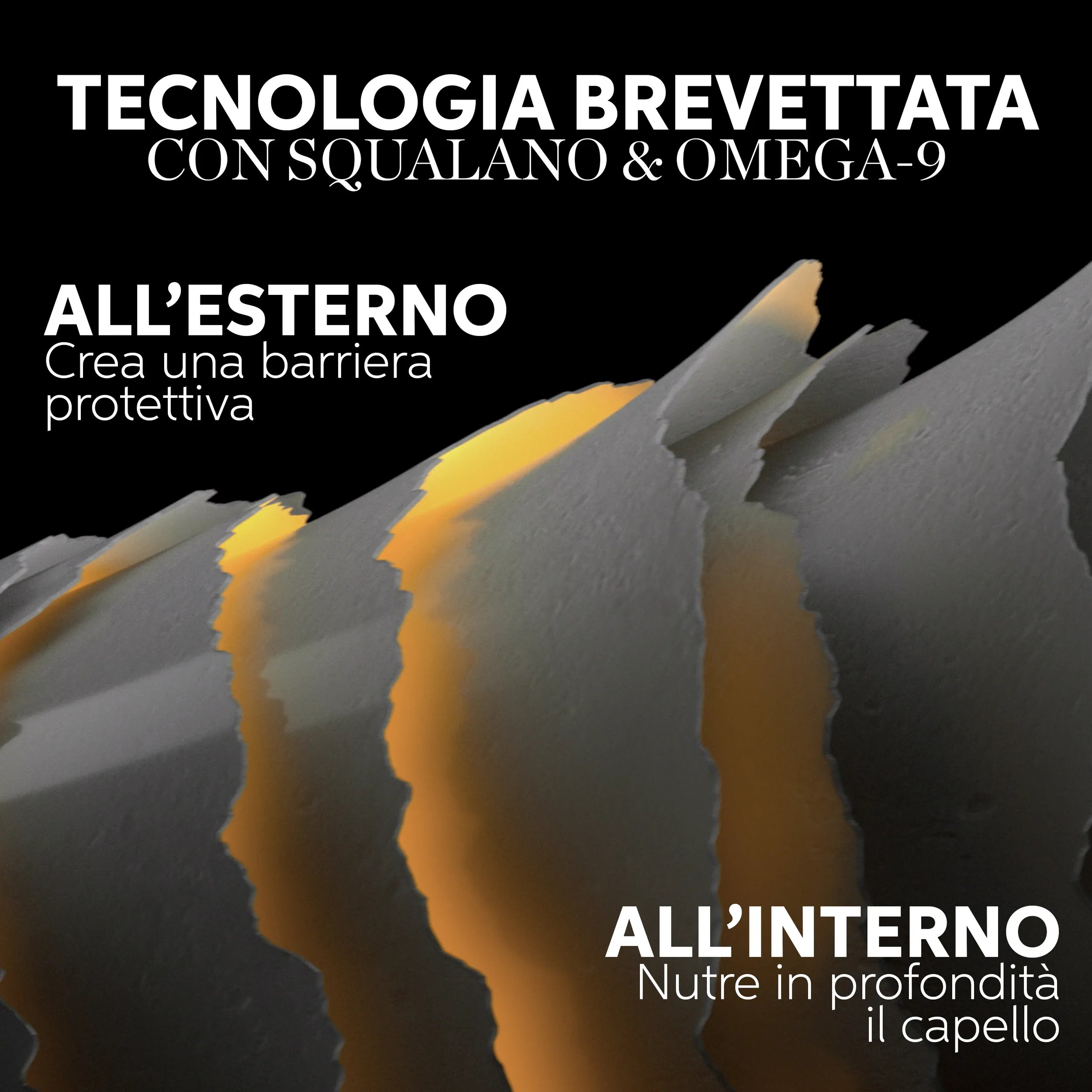 Immagine che spiega il funzionamento della tecnologia Ultimate Smooth. Il testo dice: Crea una barriera protettiva all'esterno, nutre a fondo il capello all'interno.